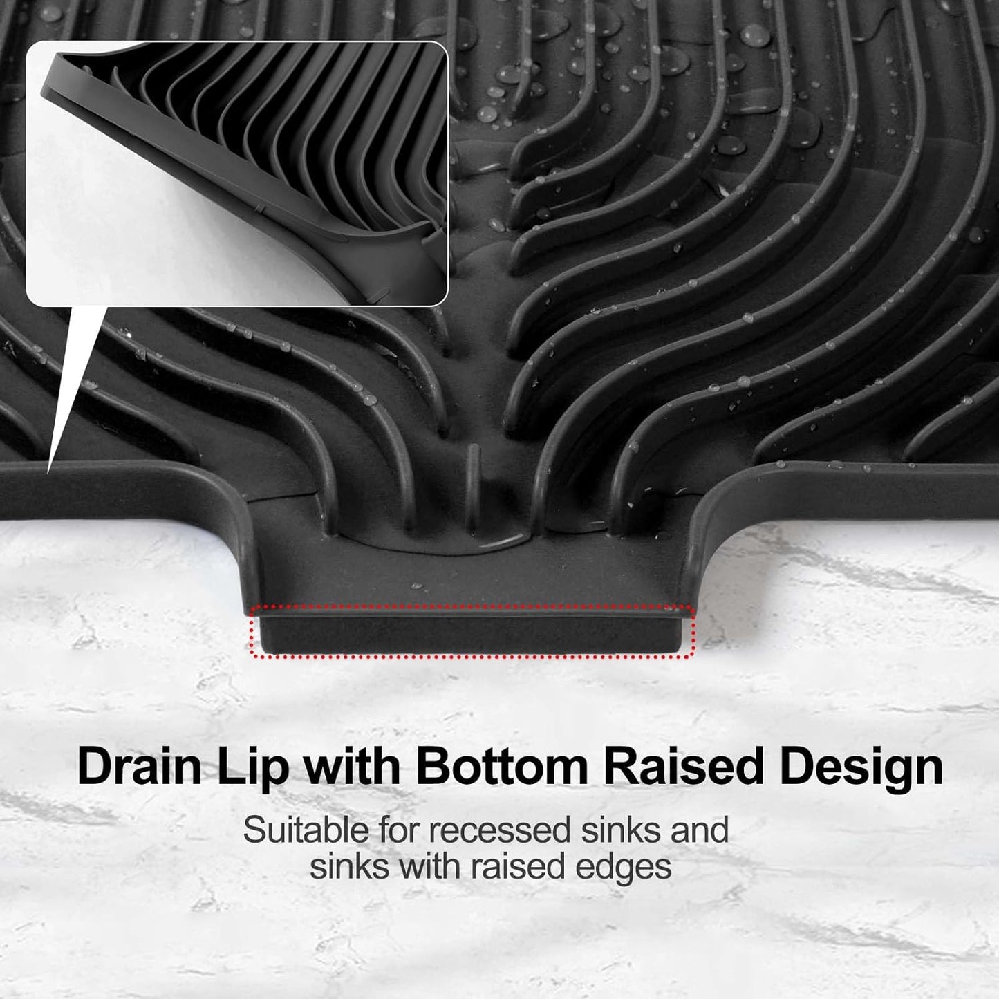 Silicone Dish Drying Mat for Kitchen Counter with Built-in Drain, Easy Clean Pad for Countertop Protection, Fast Self-Draining Slope, Non-Slip, Multiple Use 18 x12 Inch(Black)