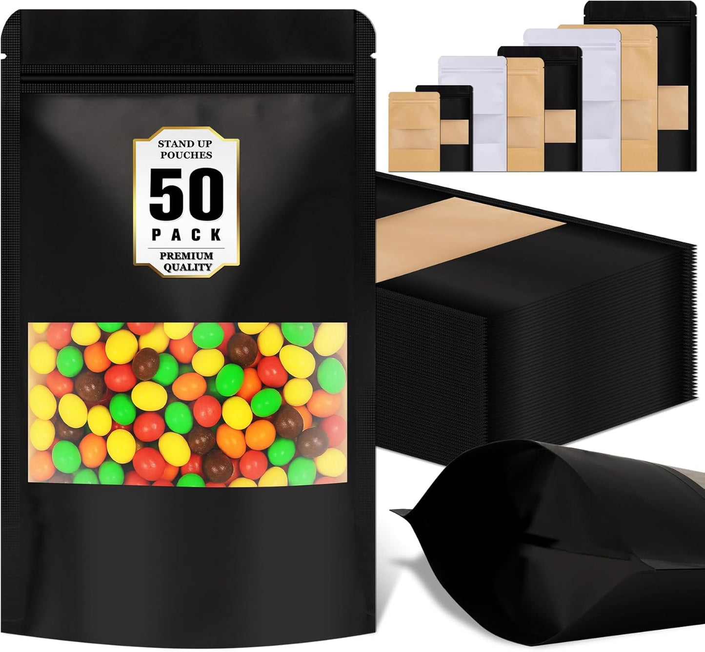 Resealable Smell Proof Bag, 50 Pcs Zip Lock Bags with Window, Reusable Snack Bags, Stand Up Pouches Heat Sealable, Food Storage Baggies for Cookies, Herbs, Tea, Coffee, Spice, Jerky