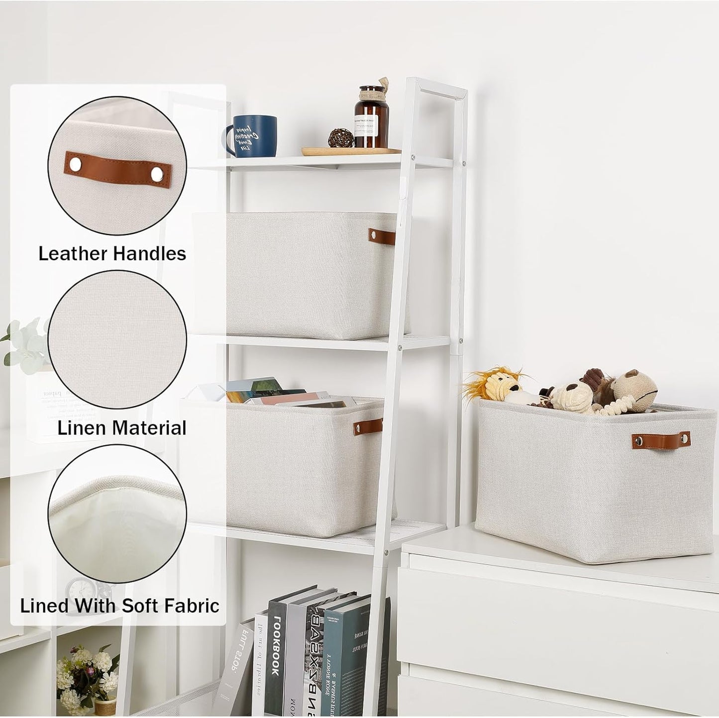 HNZIGE Large Fabric Storage Basket Organizers (3 PCS), Foldable Decorative Shelf Baskets with Leather Handles (Cream, 15" x 11" x 9.5")