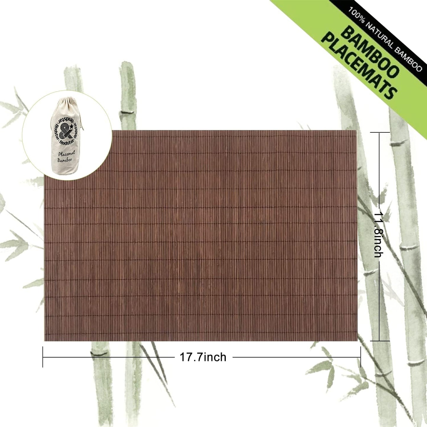ANDSTAR Set of 12 Pcs Bamboo Placemats Natural Anti-Slip Bamboo Placemats Washable Heat-Resistant Table Mats for Dining Room and Kitchen(Chocolate)