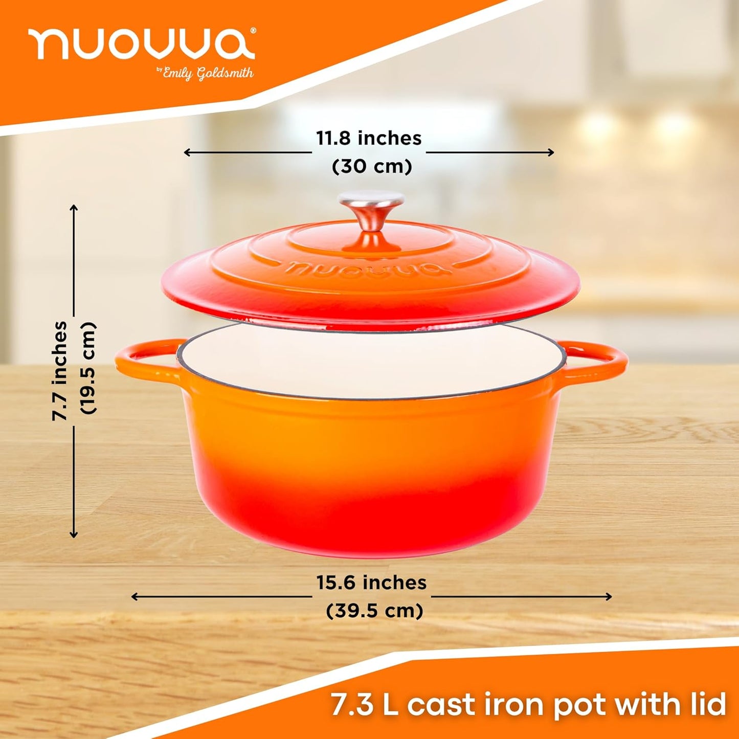 Cast Iron Dutch Oven with Lid – Non-Stick Ovenproof Enamelled Casserole Pot – Sturdy Dutch Oven Cookware – Orange, 7.3-Quart, 30cm – by Nuovva