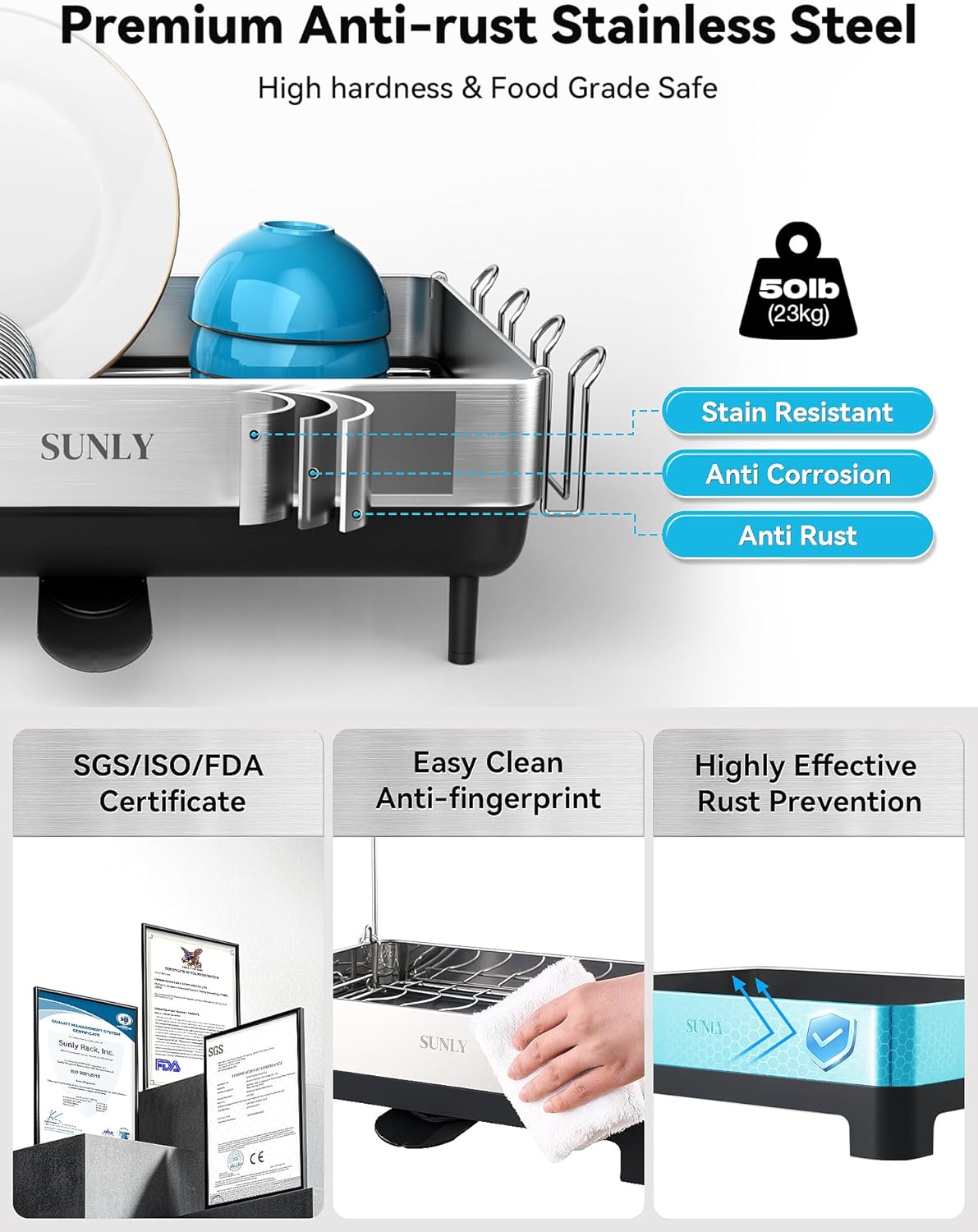 SUNLY Large Dish Drying Rack, Expandable Dish Racks for Kitchen Counter, Space Saving 304 Stainless Steel Drying Rack Kitchen, Extra Large Drainer with Multifunctional Flip Up Pegs, Black