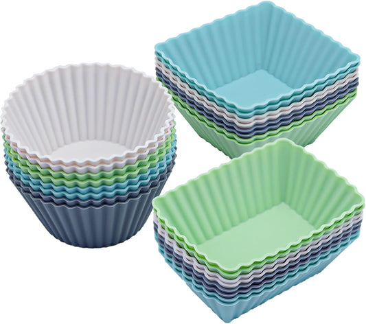 24-Pack Silicone Cupcake Liners, Reusable Muffin Cups – Round, Square & Rectangle Baking Cups, Non-Stick, Easy to Clean, Bento Box Accessories, Lunch Box Dividers for Kids