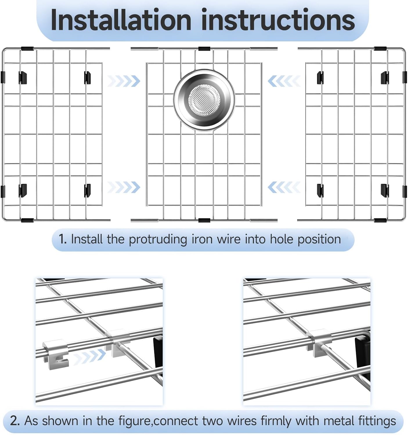 26-1/8’’ x 14-1/8’’ Stainless Steel Sink Grid, Sink Protectors for Kitchen Sink, Sink Protector with Rear Drain for Single Sink Bowl, Sink Bottom Grid, Sink Grate for Bottom with Sink Strainer