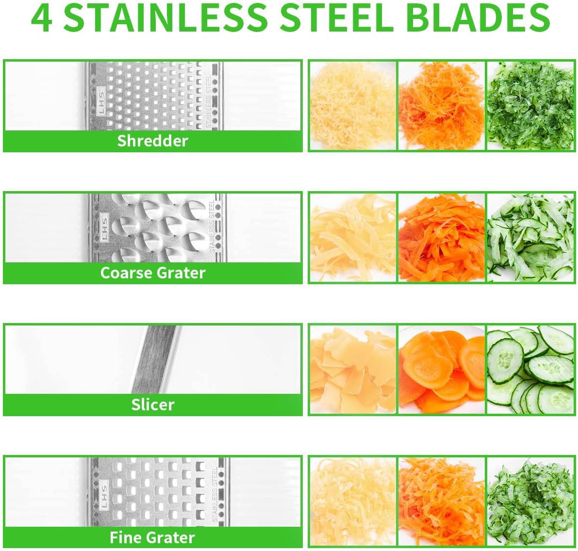 LHS Mandoline Slicer, 4 Sharp Stainless Steel Blades with Food Storage Container — Kitchen Tools for Cheese, Chocolate, Vegetables& Fruits - Dishwasher Safe (grey)