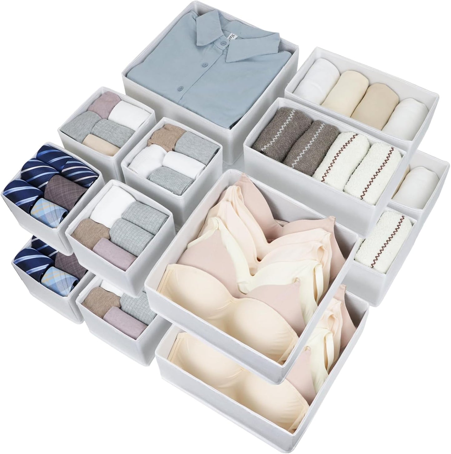 16 Pcs Drawer Organizer,Fabric Closet Organizer and Storage Baskets,Foldable Drawer Divider for Clothing,Sock,Ties,Underwear Drawer Organizers,Cabinet Storage Boxes (White)