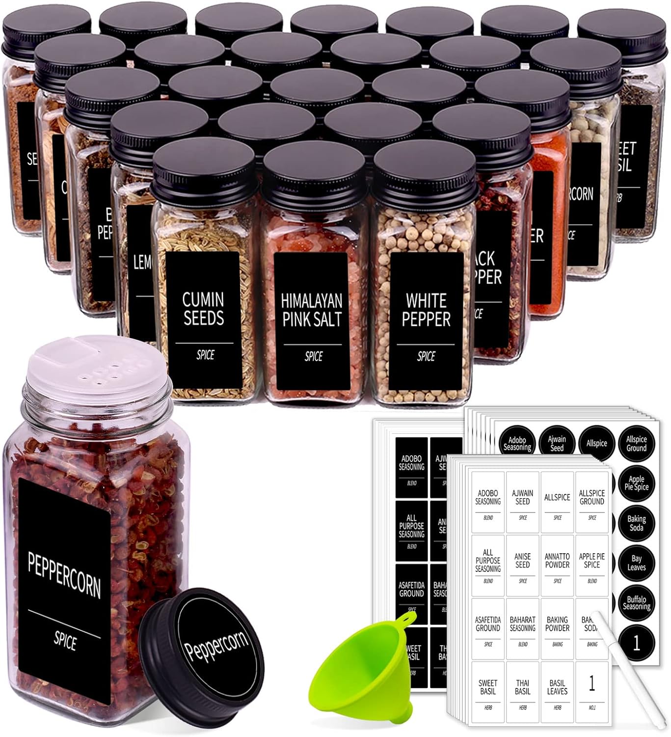 Churboro 48 Spice Jars with 547 Labels- Glass Spice Jars with Black Metal Caps, 4oz Empty Spice Containers with Shaker Lids, Funnel, Chalk Pen, Square Seasoning Bottles for Spice Rack, Drawer, Cabinet