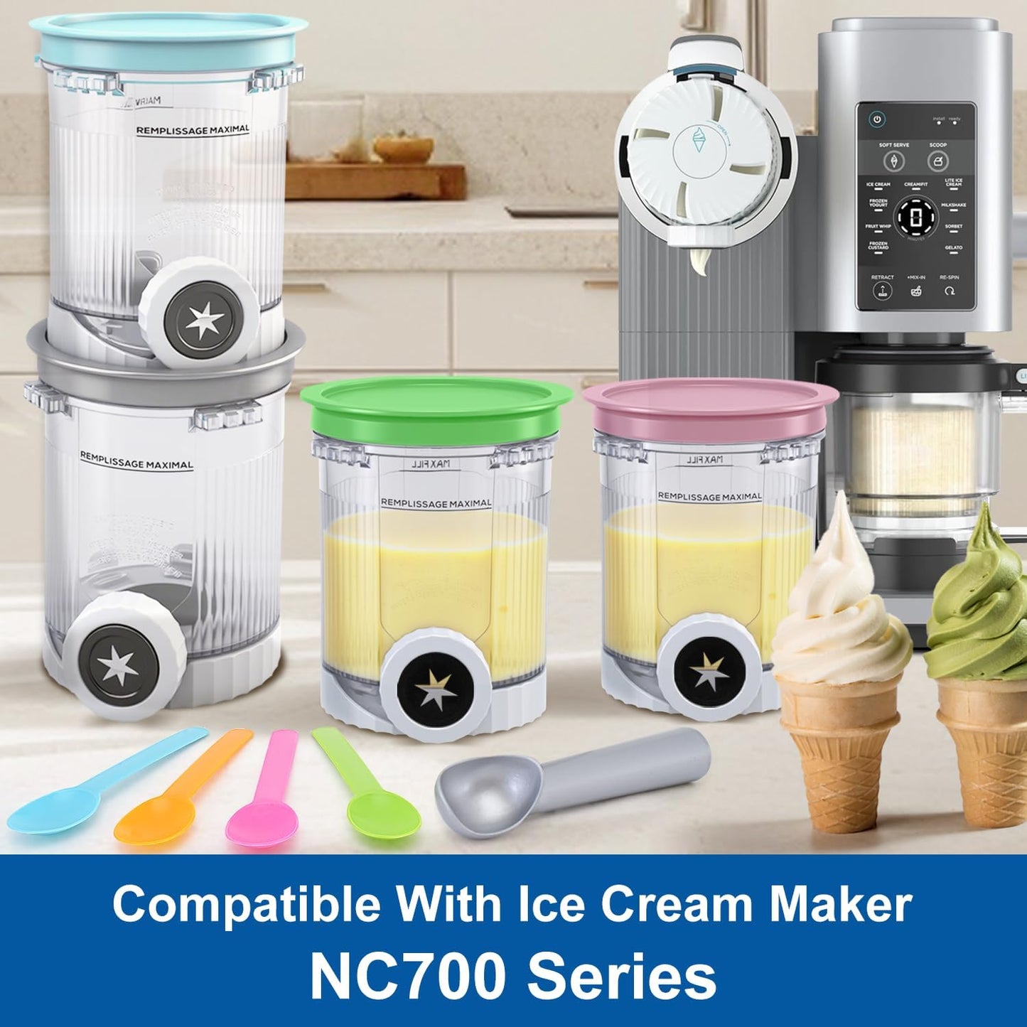 Creami Pints and Lids for Ninja Swirl, 4 pack Creamy Icecream Containers Cups Jars Tubs Canisters Smoothie Pot Compatible with NC700 Series Creamer Ice Cream Cones Machine Soft Serve Maker Accessories