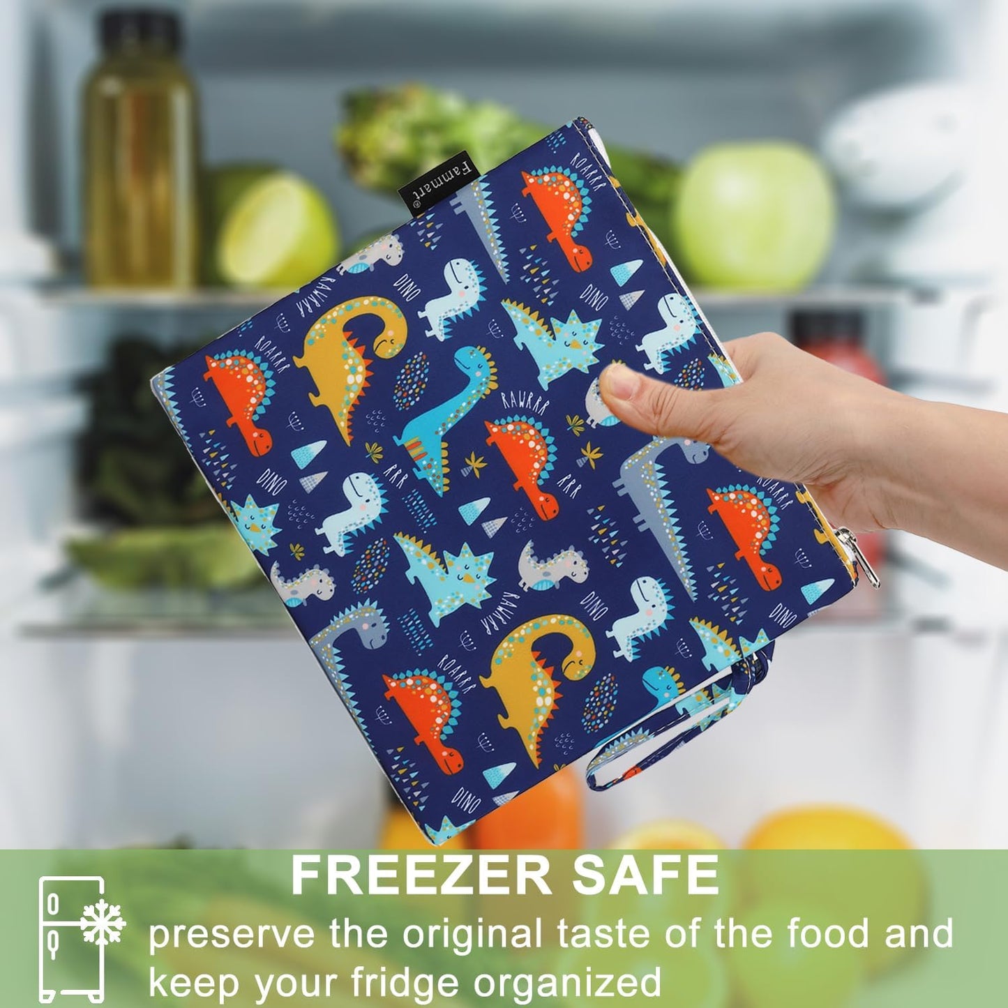 Reusable Sandwich Bag/Snack Bag for Kids & Adults, Dual Layer Lunch Bag with Handle, Cosmetic Bag Makeup Travel Bag for Women Girls, Washable, Food Safe, BPA Free (1-Pack, Dinosaur)