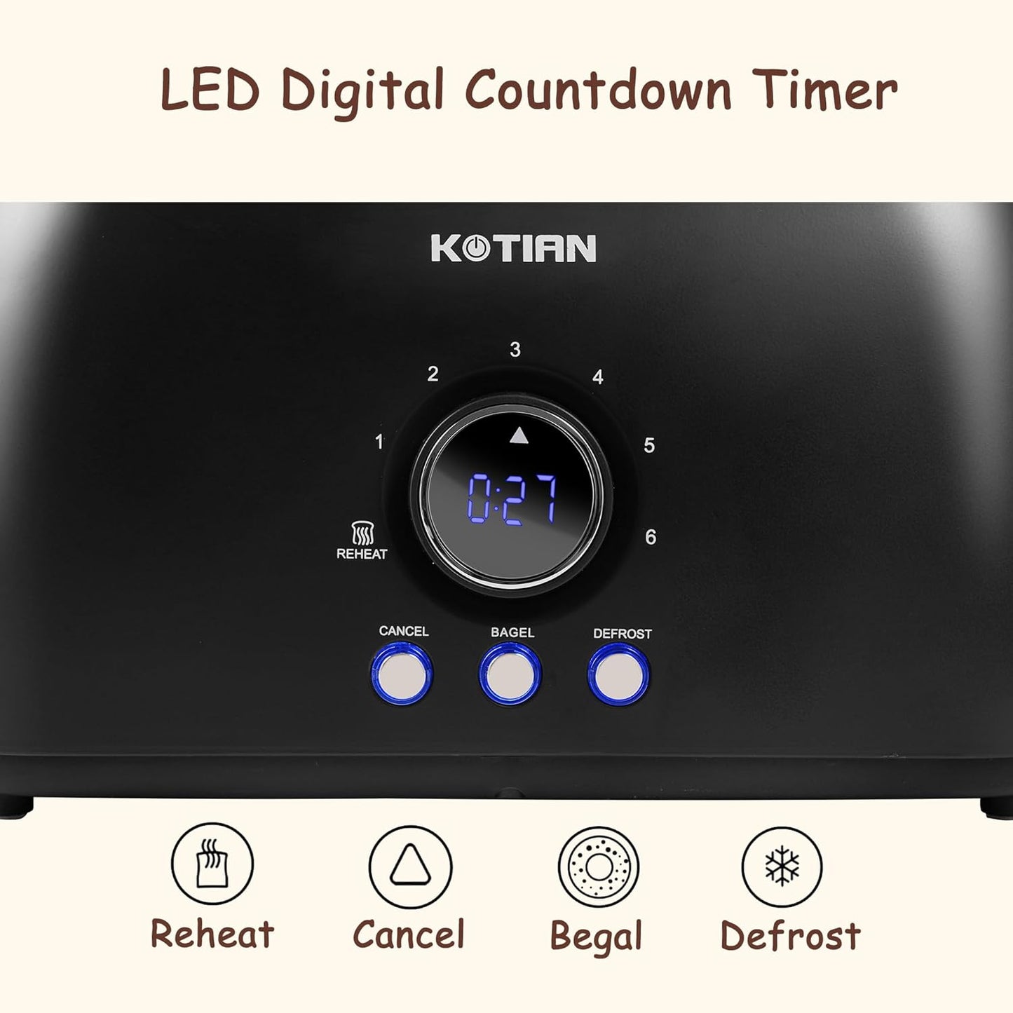 Toaster 4 Slice,KOTIAN Retro Long Slot Toasters with Countdown Timer,Stainless Steel Toaster,Bagel,Defrost,Reheat,Cancel Functions,Extra Wide Slots,6 Toast Settings,Removable Crumbs Tray,Matte black