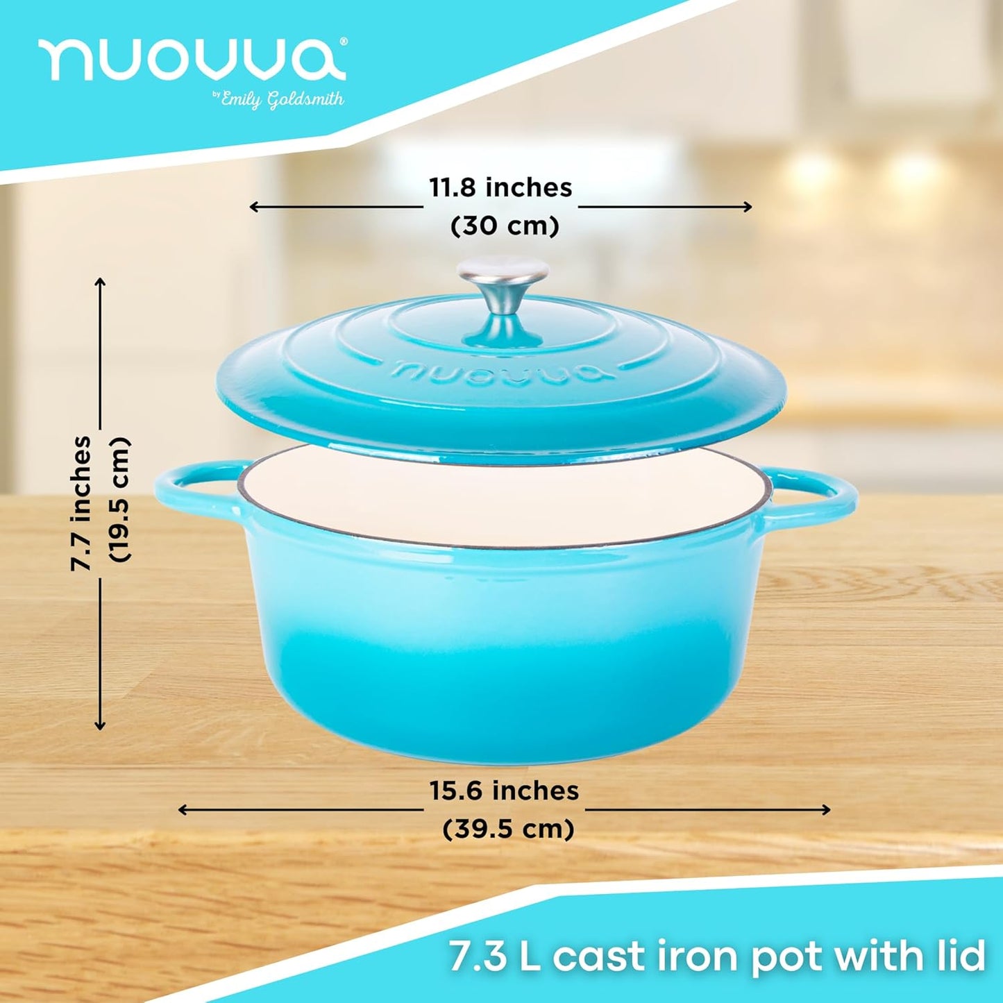 Cast Iron Dutch Oven with Lid – Non-Stick Ovenproof Enamelled Casserole Pot – Sturdy Dutch Oven Cookware – Blue, 7.3-Quart, 30cm – by Nuovva