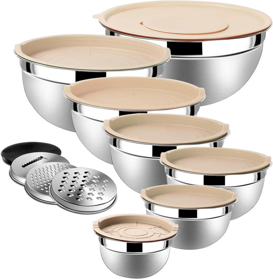 Lazycorner Stainless Steel Mixing Bowls with Airtight Lids Set of 7 Stainless Steel Bowls Set with 3 Grater Attachments Great for Serving & Baking