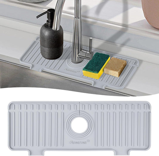 Kitchen Sink Splash Guard, Silicone Faucet Guard & Draining Mat, 10° Large Slope Sink Faucet Mat Splash Guard, Bathroom Sink Organizer, Kitchen Sink Accessories Gadgets, 14.2” x 5.1”, Gray