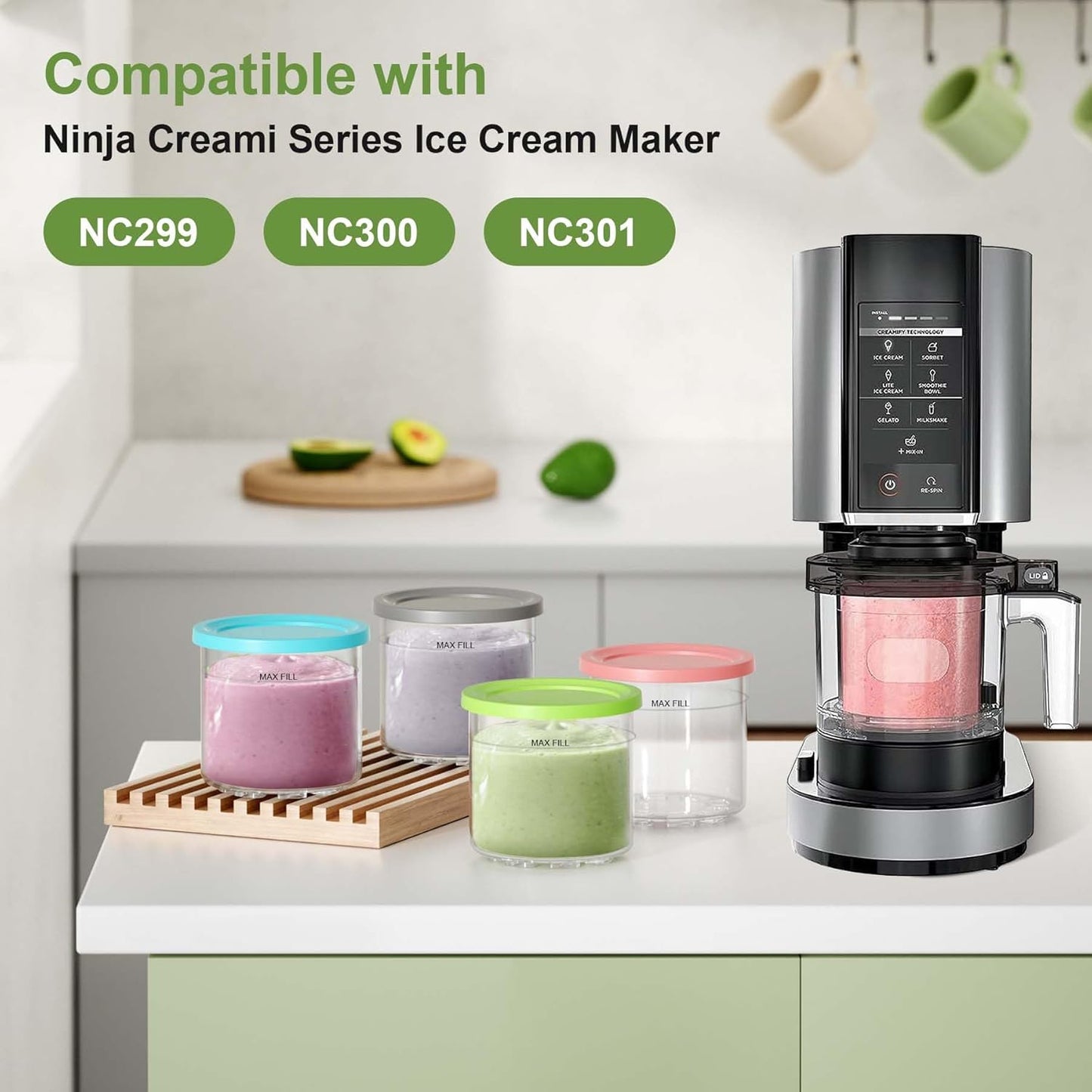 4 Pack Creami Pint Containers and Lids for Ninja with a Metal Spoon, Compatible with Ninja NC299 NC300 NC301 Series Creami Maker Machine Accessories, BPA Free & Dishwasher Safe, Assorted Colors