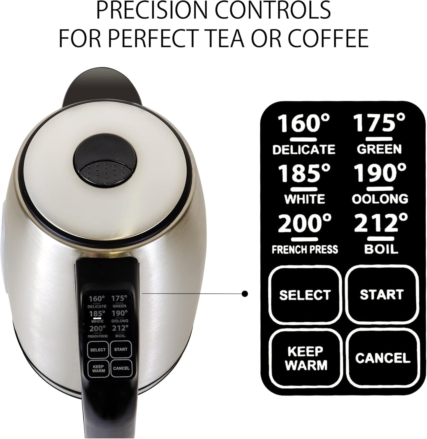 Kenmore Electric Kettle - Cordless Digital Calentador De Agua, Stainless Steel Instant Tea Pot, Preset Temperature Control, Automatic Shut-Off, Rapid Boil, Hot Water Boiling Heater, 1.7 Liter Silver