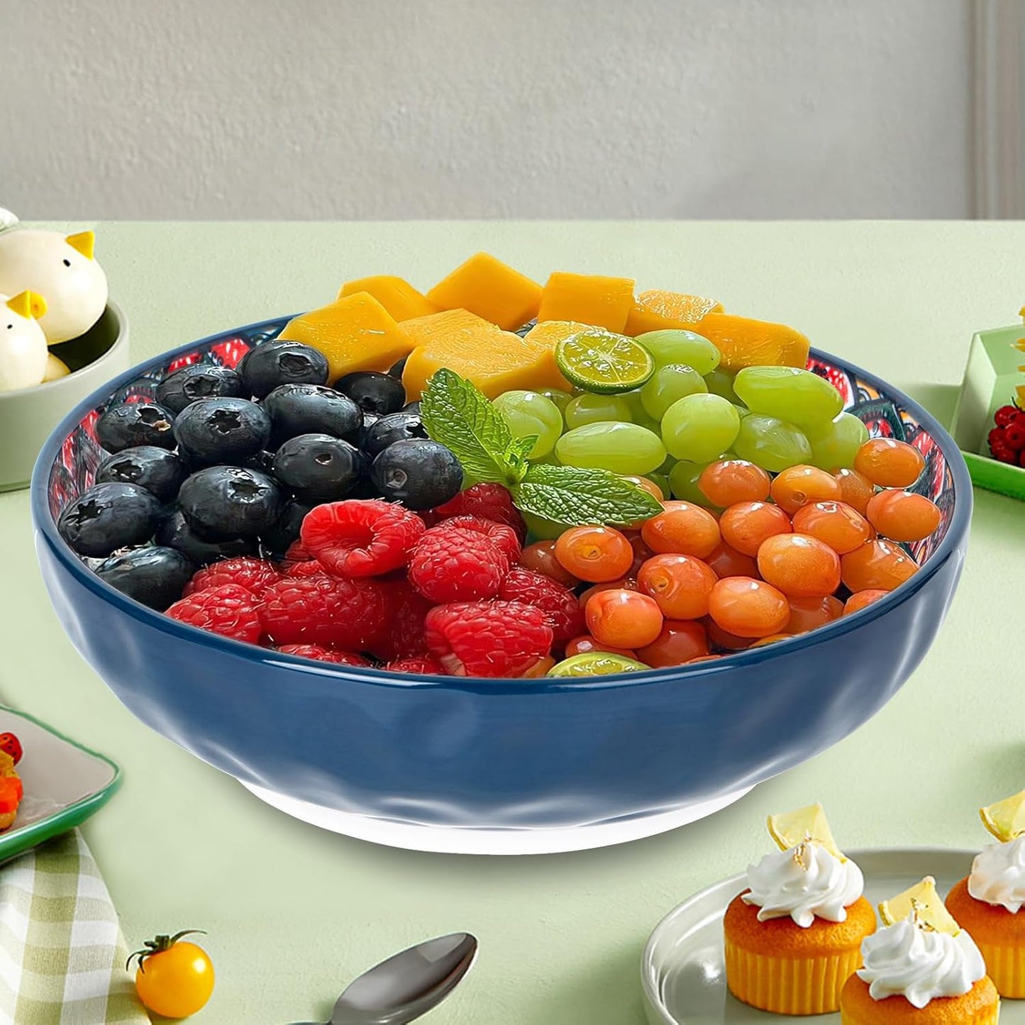 75 Oz Serving Bowls,Bohemian Style Large Porcelain Dishes for Entertaining Parties,Big Bowls for Eating Soup, Salad, Pasta, Fruit, Chips, 10.3 Inch Diameter (blue.green)