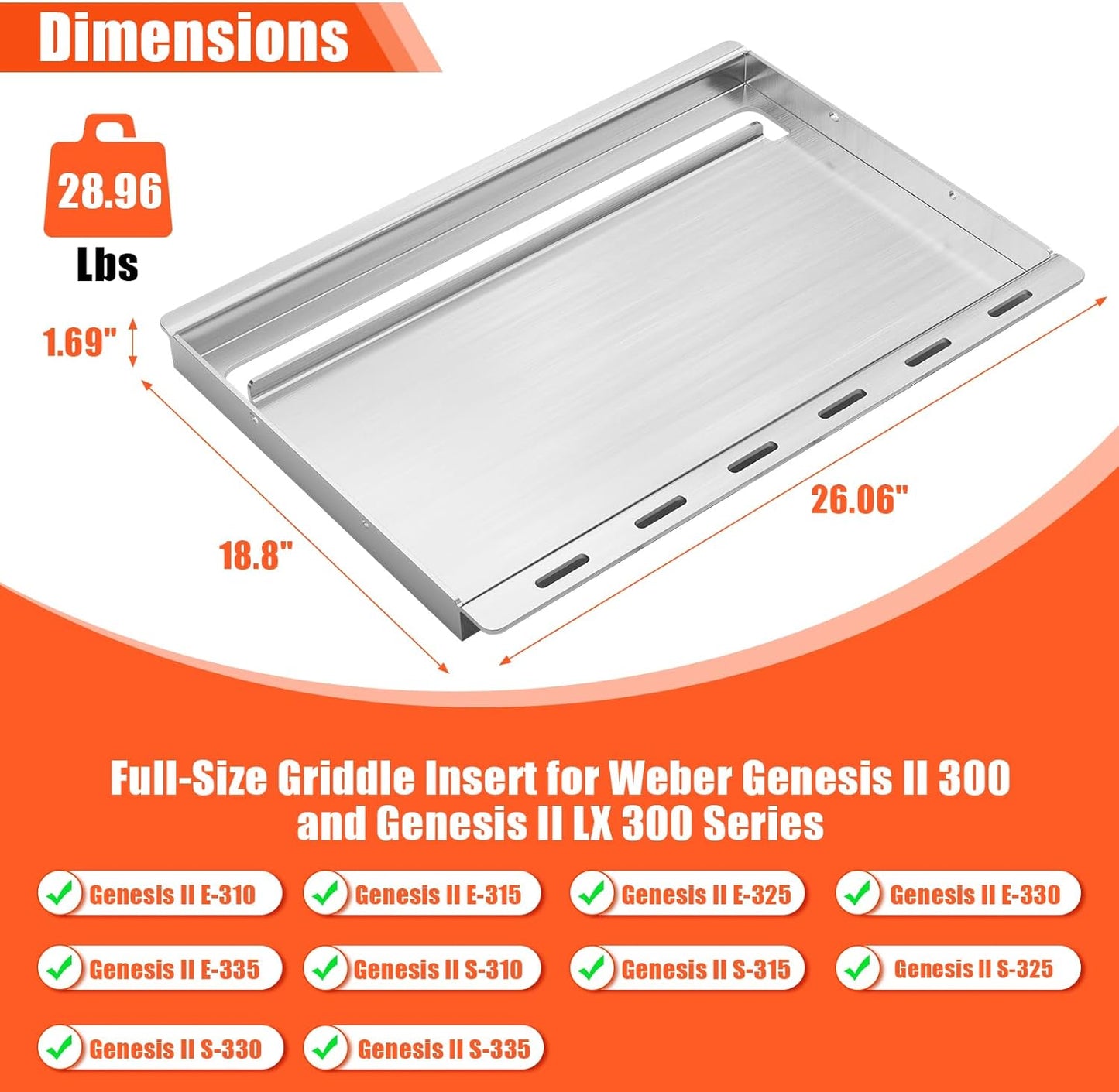 6788 Full-Size Griddle Insert for Genesis II 300 & LX 300 Series, GS4 Genesis II E-310, II S-310, II E/S-315, II E/S-325, II E/S-335 Grills, Replace for Weber Full-Size Griddle, Stainless Steel