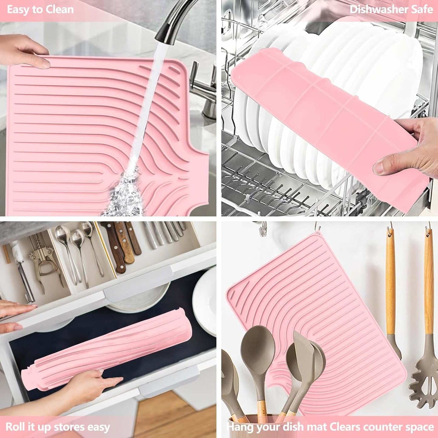 Silicone Dish Drying Mat for Kitchen Counter with Built-in Drain, Easy Clean Pad for Countertop Protection, Fast Self-Draining Slope, Non-Slip, Multiple Use 17.7 x 11.8 Inch (Pink)