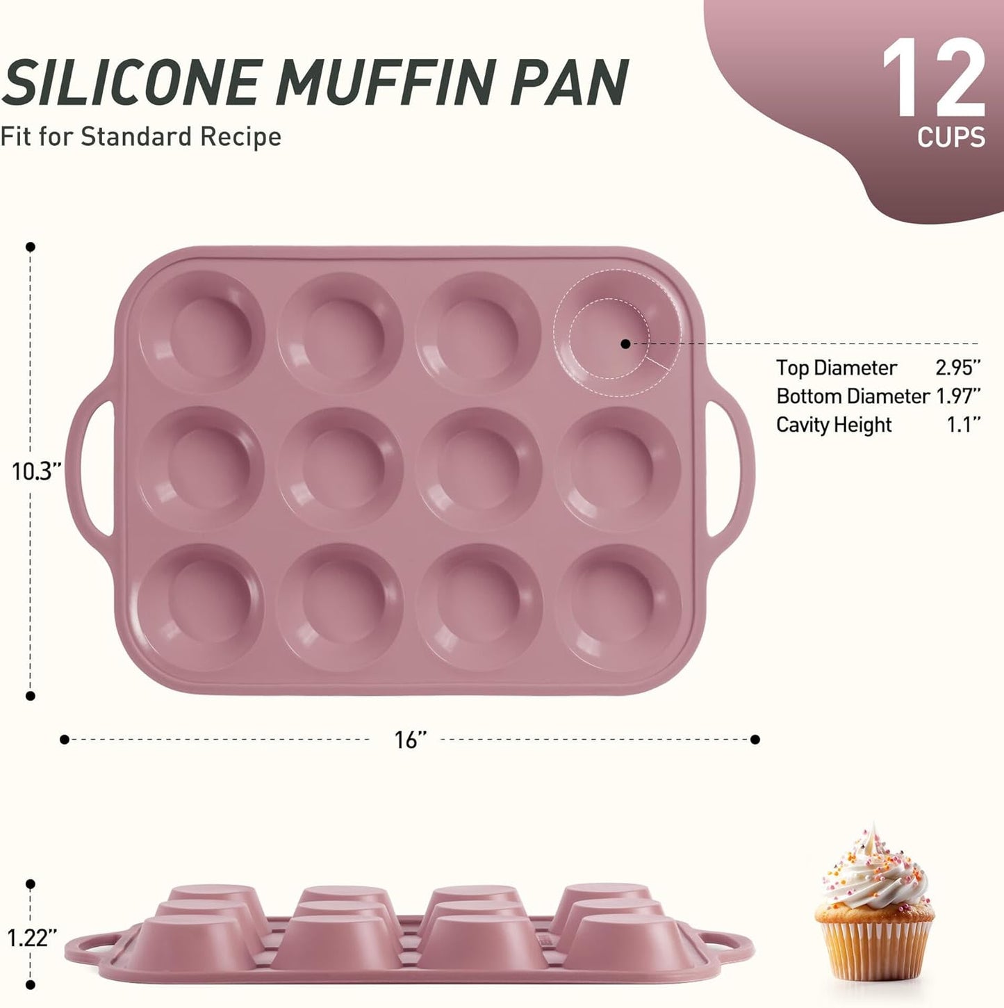 12 Cups Silicone Muffin Pan with Metal Reinforced Frame Regular Size Cupcake Pan Tray Egg Bites Silicone Cookie Molds Muffin Tin Best Baking Pans Tart Pan Sheet Set Reusable Cupcake Liners