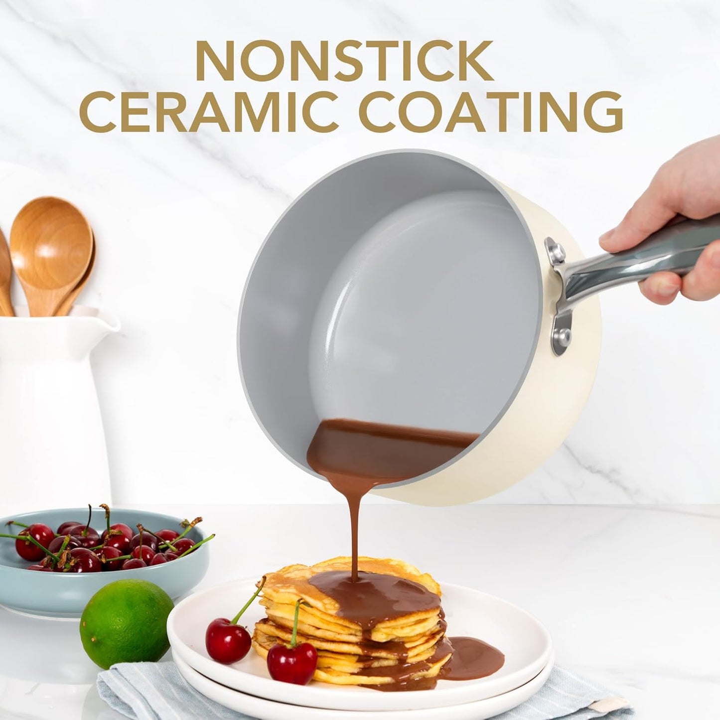 MICHELANGELO 3 Quart Saucepan with Lid - Non Toxic Sauce Pan with Nonstick Ceramic Coating, Scratch-Resistant, Induction Saucepan Suitable for All Stovetops, Beige