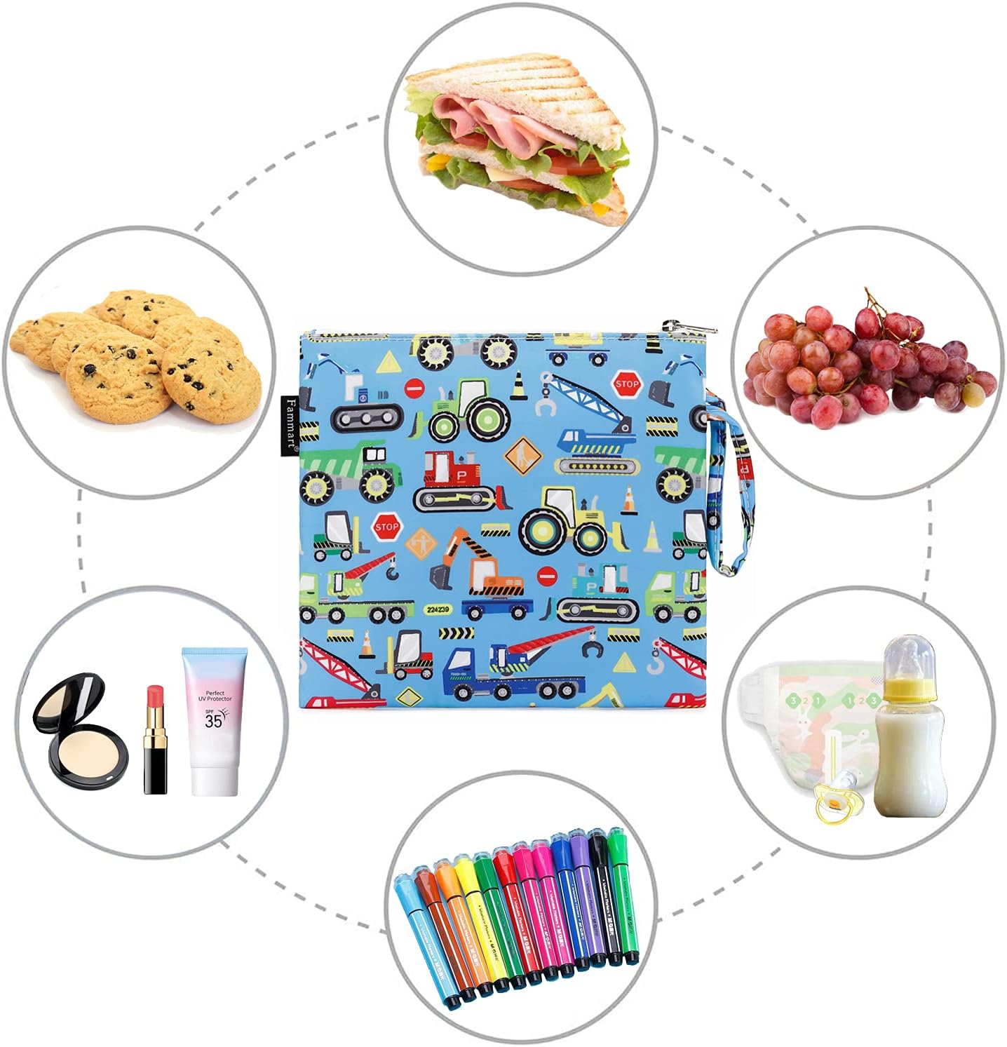 Reusable Sandwich Bag/Snack Bag for Kids & Adults, Dual Layer Lunch Bag with Handle, Washable, Food Safe, BPA Free (1-Pack, Car)