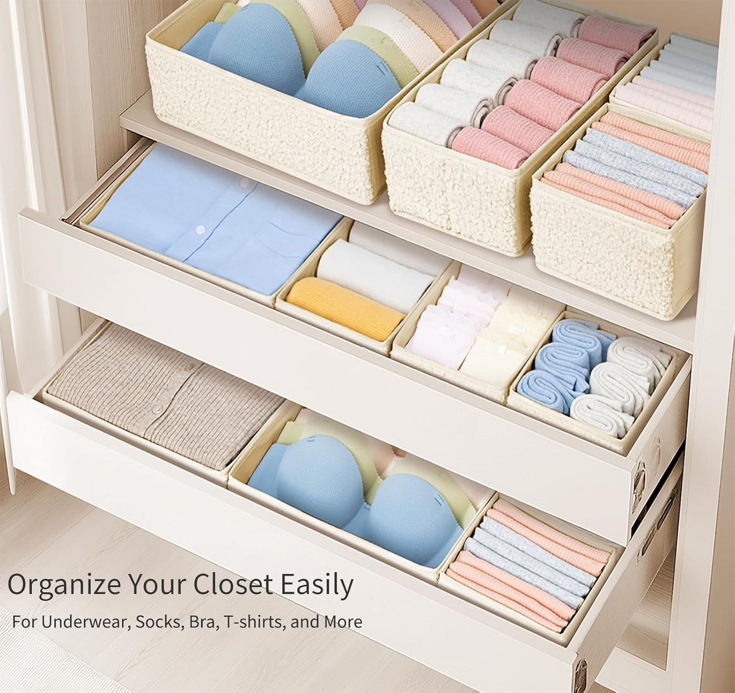 Drawer Organizer Clothes - 12 Pack Dresser Organizer for Nursery, Foldable Sock Underwear Organizer, Baby Drawer Organizer, Small Fabric Storage Bins for Dresser Drawer, Beige
