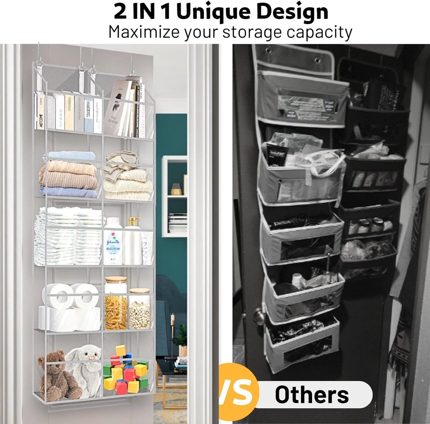 Over the Door Organizer 5 Tiers,Extra Large Behind Door Storage of 10 Compartments,50 lbs Weight Capacity Over the Door Storage, Clear Door Hanging Organizer for Closet, Diaper Organizer
