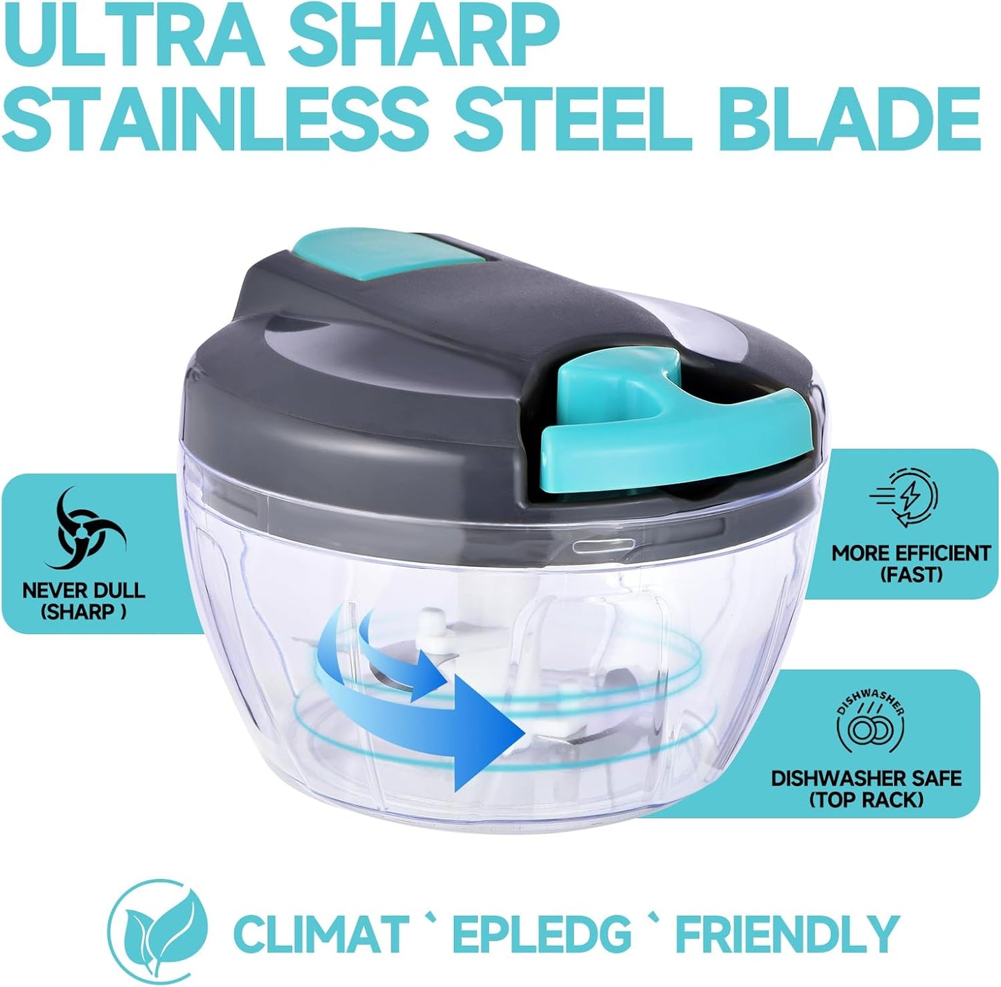 Manual Food Processor Vegetable Chopper, Portable Hand Pull String Garlic Mincer Onion Cutter for Veggies, Ginger, Fruits, Nuts, Herbs, etc., 500ml,（Gray-blue）