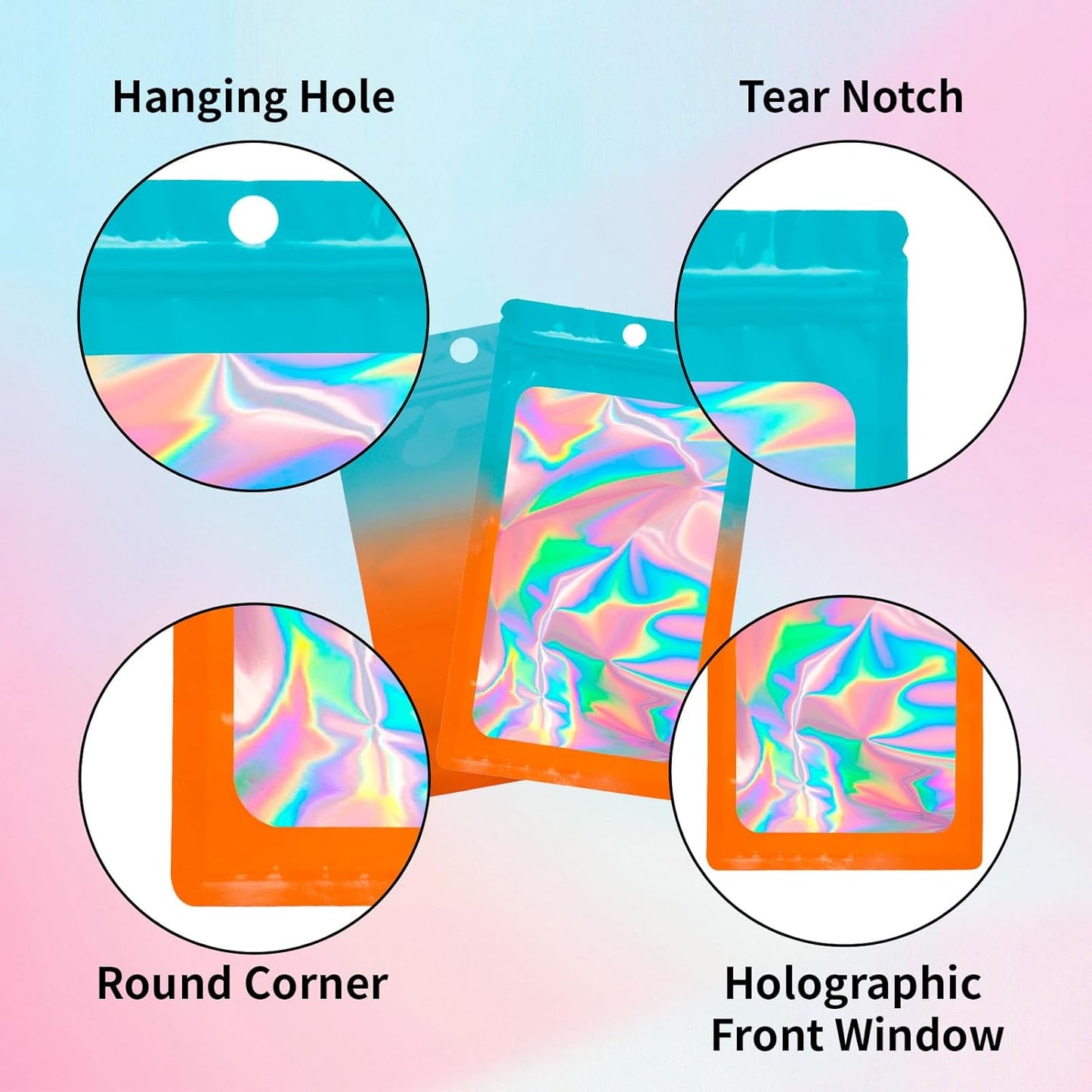 200 Pack Resealable Mylar Holographic Bags Food Storage Smell Proof Bags with Front Window Foil Packaging Pouch for Candy Sample Jewelry Small Business 3.15×5.51 Inch, Blue Fade Orange
