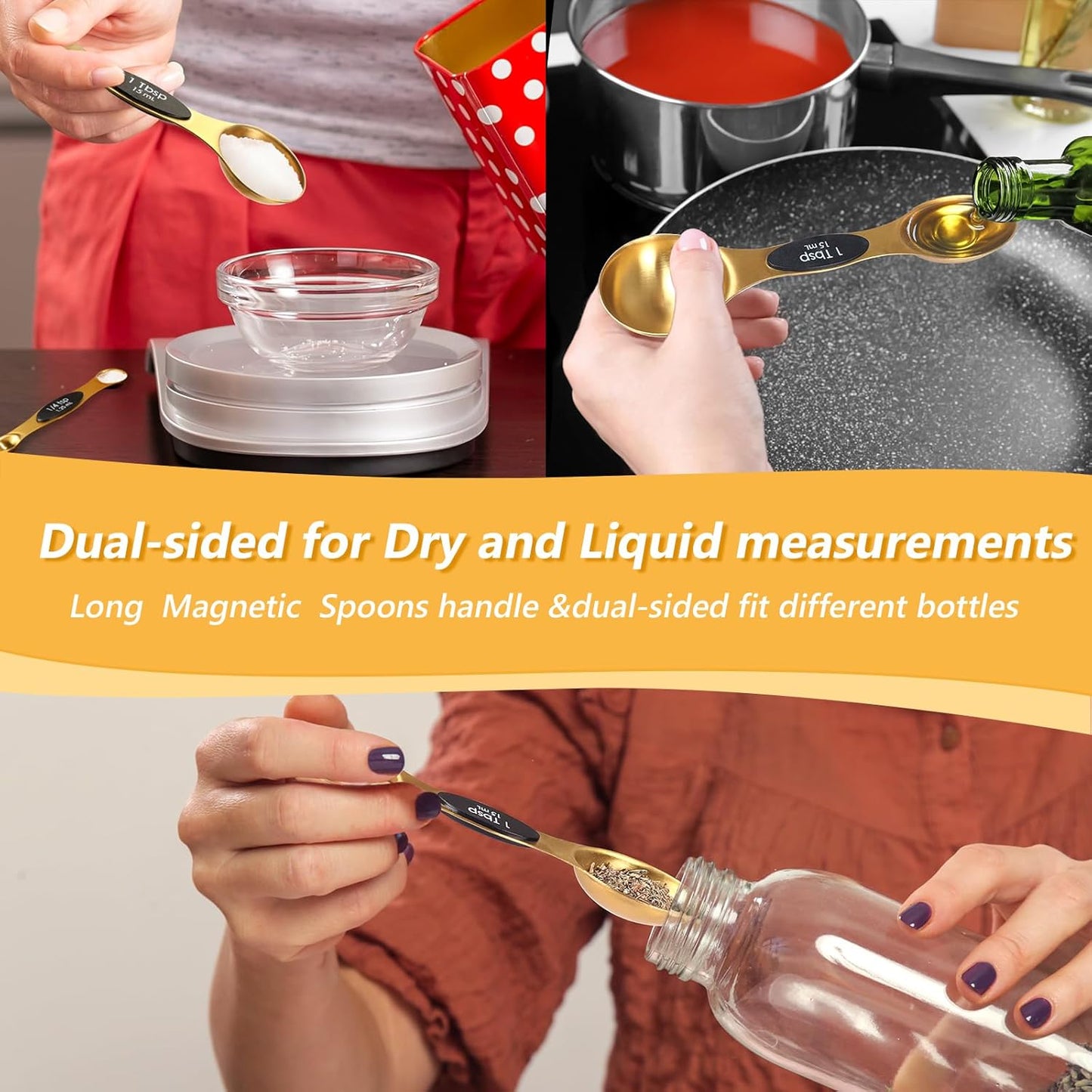 Magnetic Measuring Spoons and Cups Set of 15, Including 7 Magnetic Gold Measuring Spoons with 1 Leveler, 7 Stainless Steel Heavy Duty Gold Measuring Cups, Ideal for Cooking & Baking
