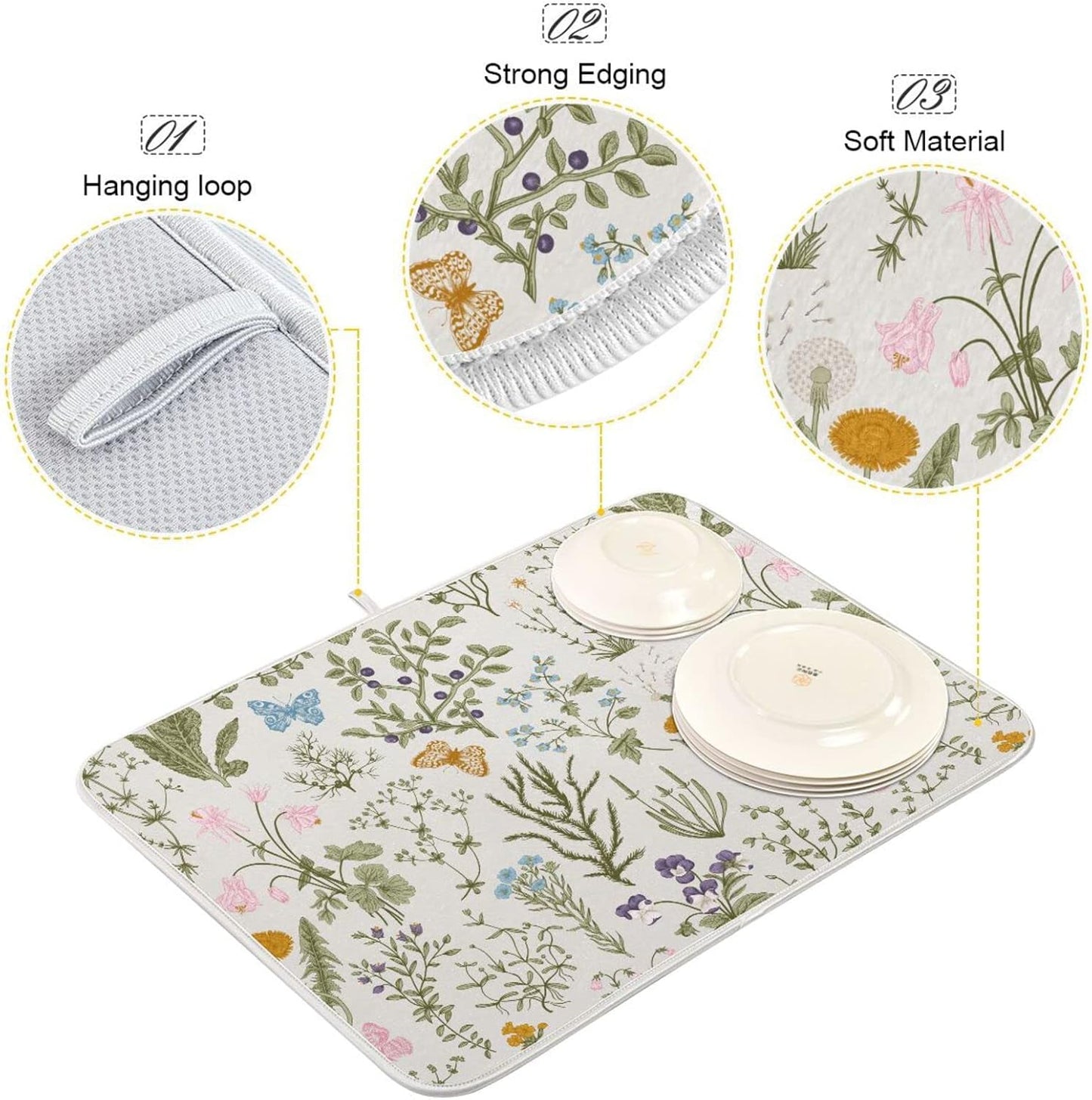 Herbs Flowers Botanical Butterfly Dish Drying Mat for Kitchen Counter Absorbent Microfiber Drying Pad, Large 18x24 in, Reversible Drainer Mats