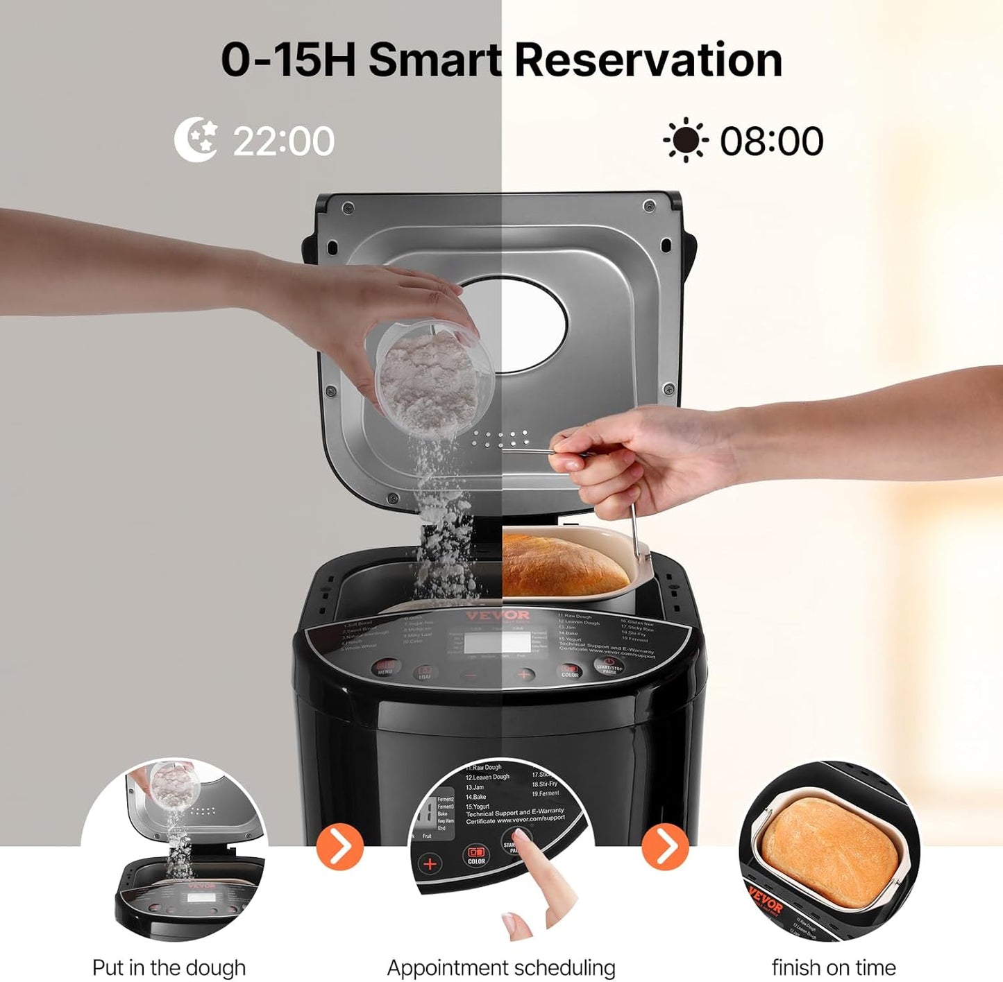 VEVOR Bread Maker, 19-in-1 2LB Dough Machine, Nonstick Ceramic Pan Automatic Breadmaker with Gluten Free Setting, Whole Wheat Bread Making, Digital, Programmable, 3 Loaf Sizes, 3 Crust Colors