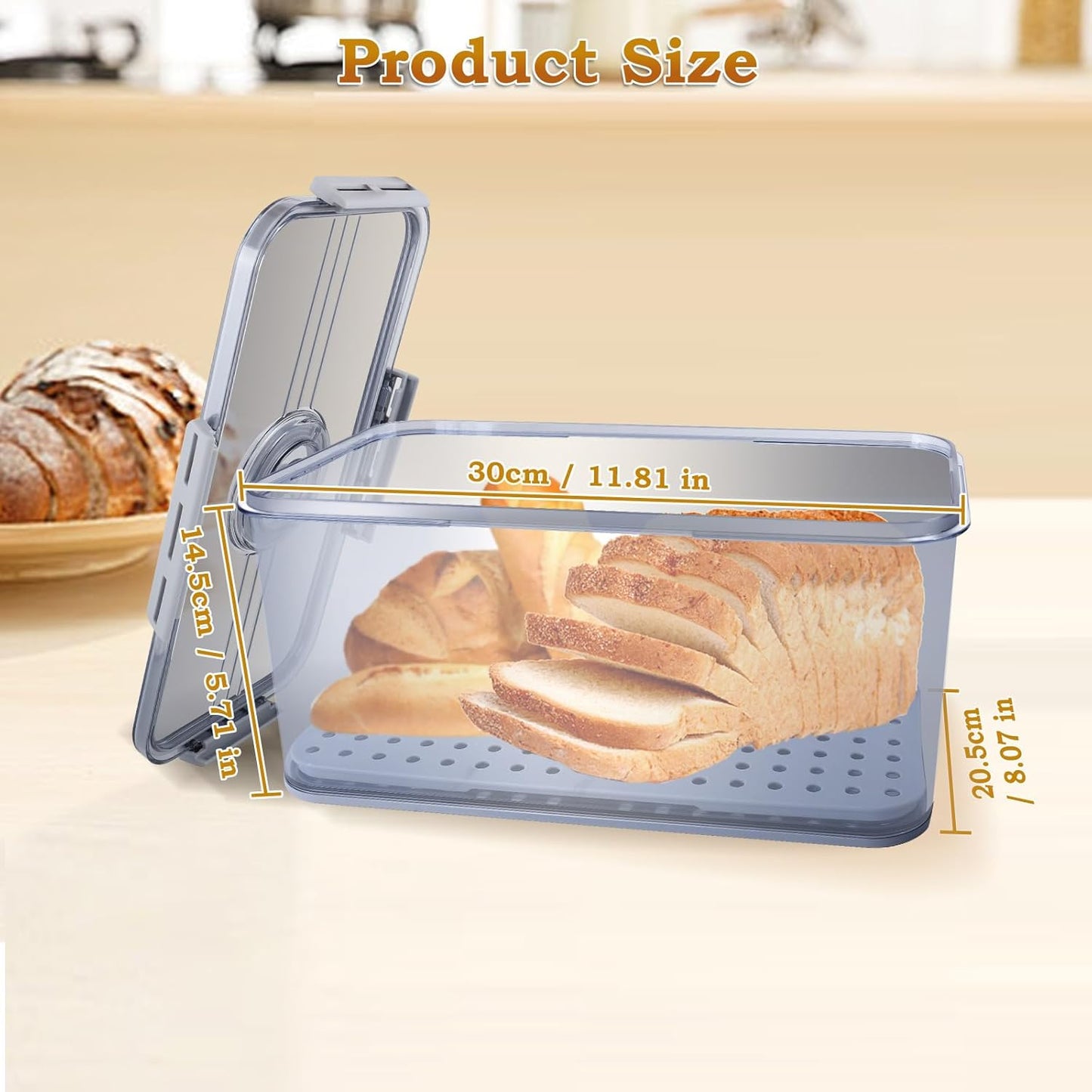 Bread Box for Kitchen Counter, Time Recording Bread Storage Container with Lid, Transparent Bread Storage Device with Drainage Pad, Homemade Bread Storage Container, Toasted Bread 11.8"x8.07"x5.71"