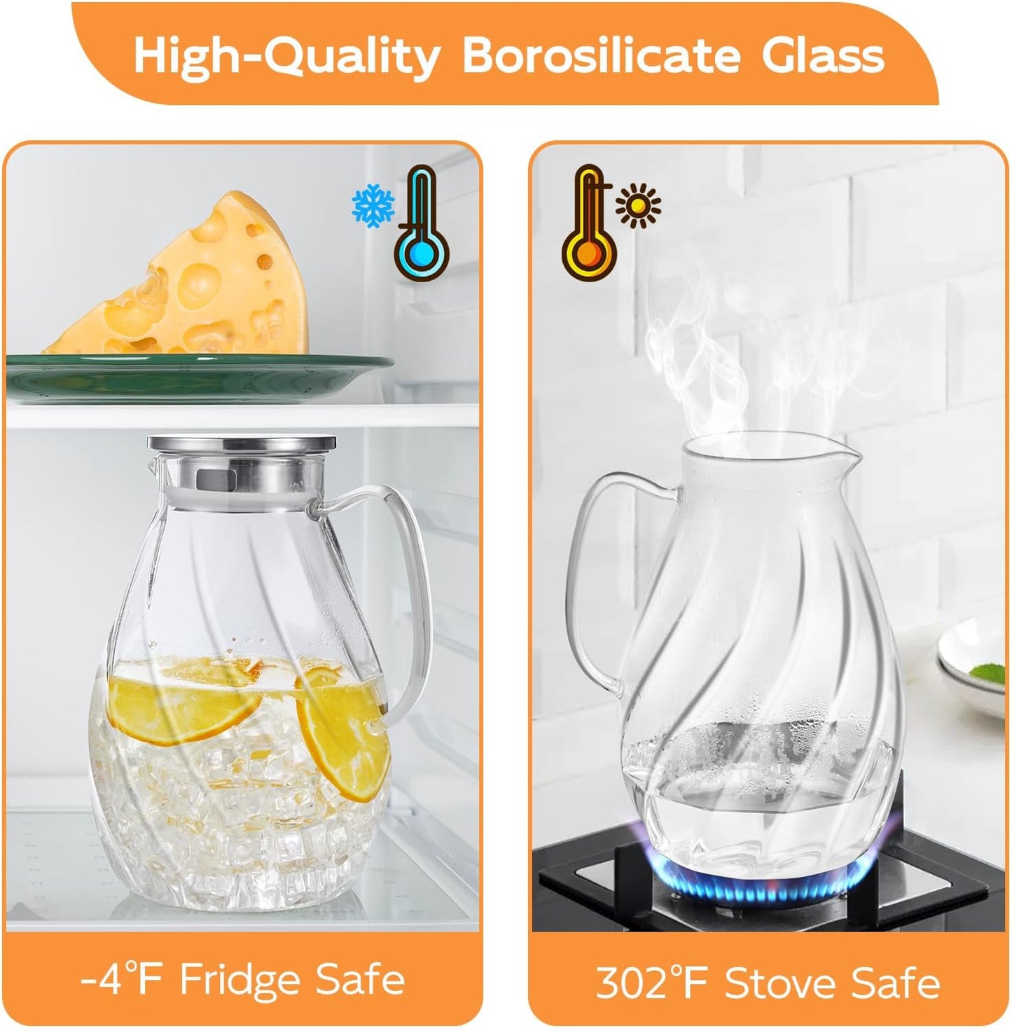 DRASTAR Glass Pitcher with Lid, 2.2L Water Pitcher, 74oz Tea Pitcher for Drinks, Borosilicate Glass Water Jug Cold Or Hot Beverages, Lemonade Pitcher, Glass Water Carafe With Lid