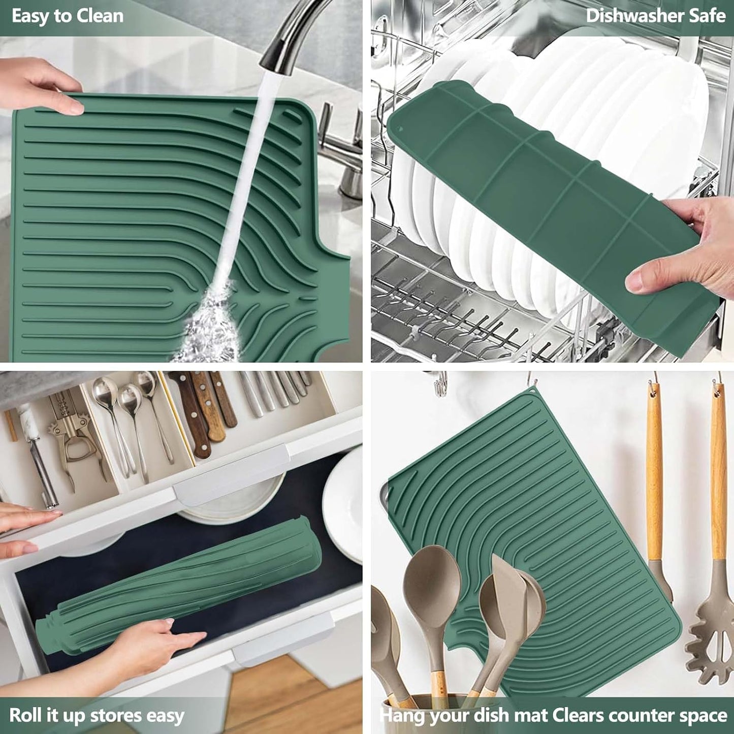 Silicone Dish Drying Mat for Kitchen Counter with Built-in Drain, Easy Clean Pad for Countertop Protection, Fast Self-Draining Slope, Non-Slip, Multiple Use 17.7 x 11.8 Inch (Dark Green)