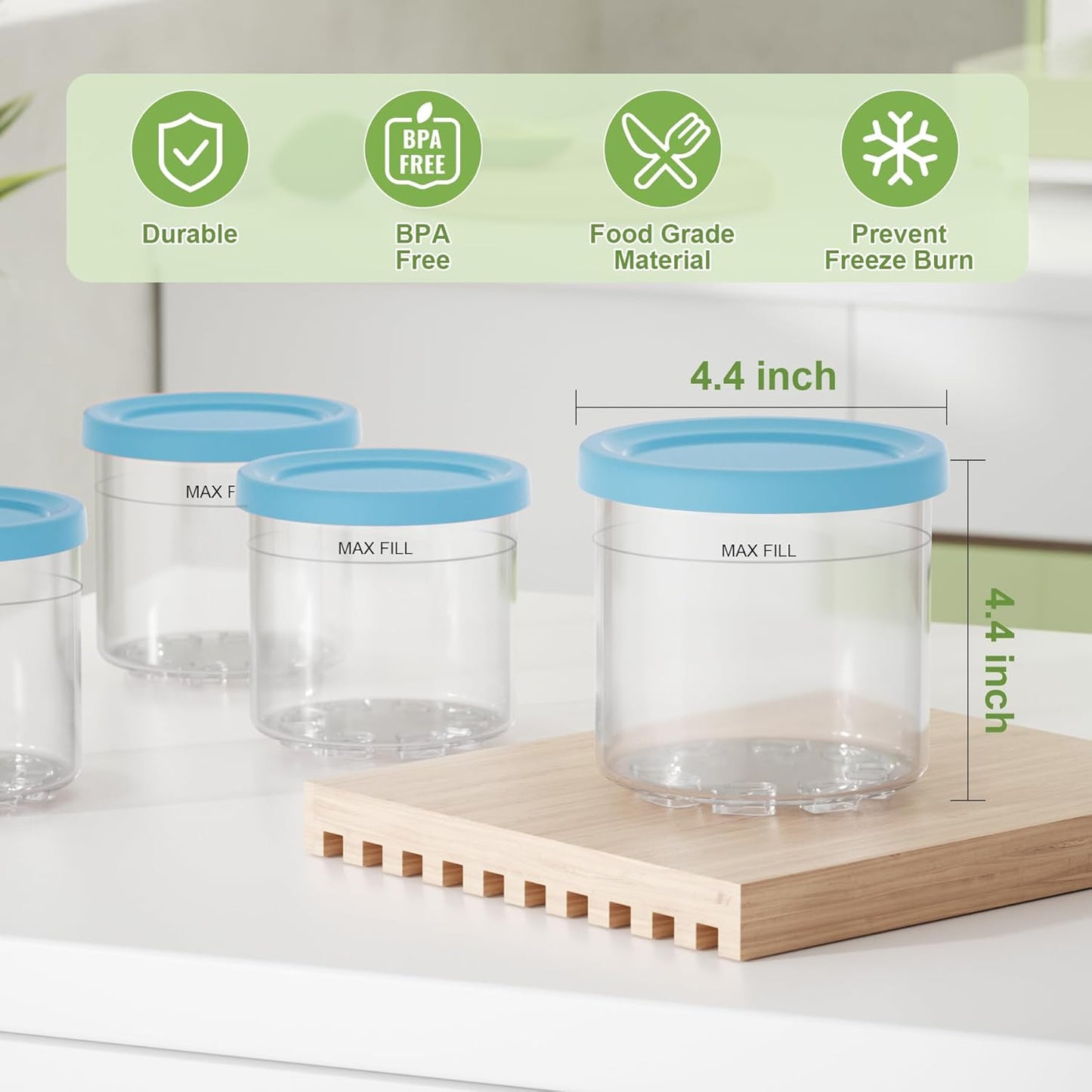 4 Pack Creami Pint Containers and Lids for Ninja with 4 Spoons and Writable Labels, Compatible with Ninja NC299 NC300 NC301 Series Creami Maker Machine Accessories, BPA Free & Dishwasher Safe, Blue