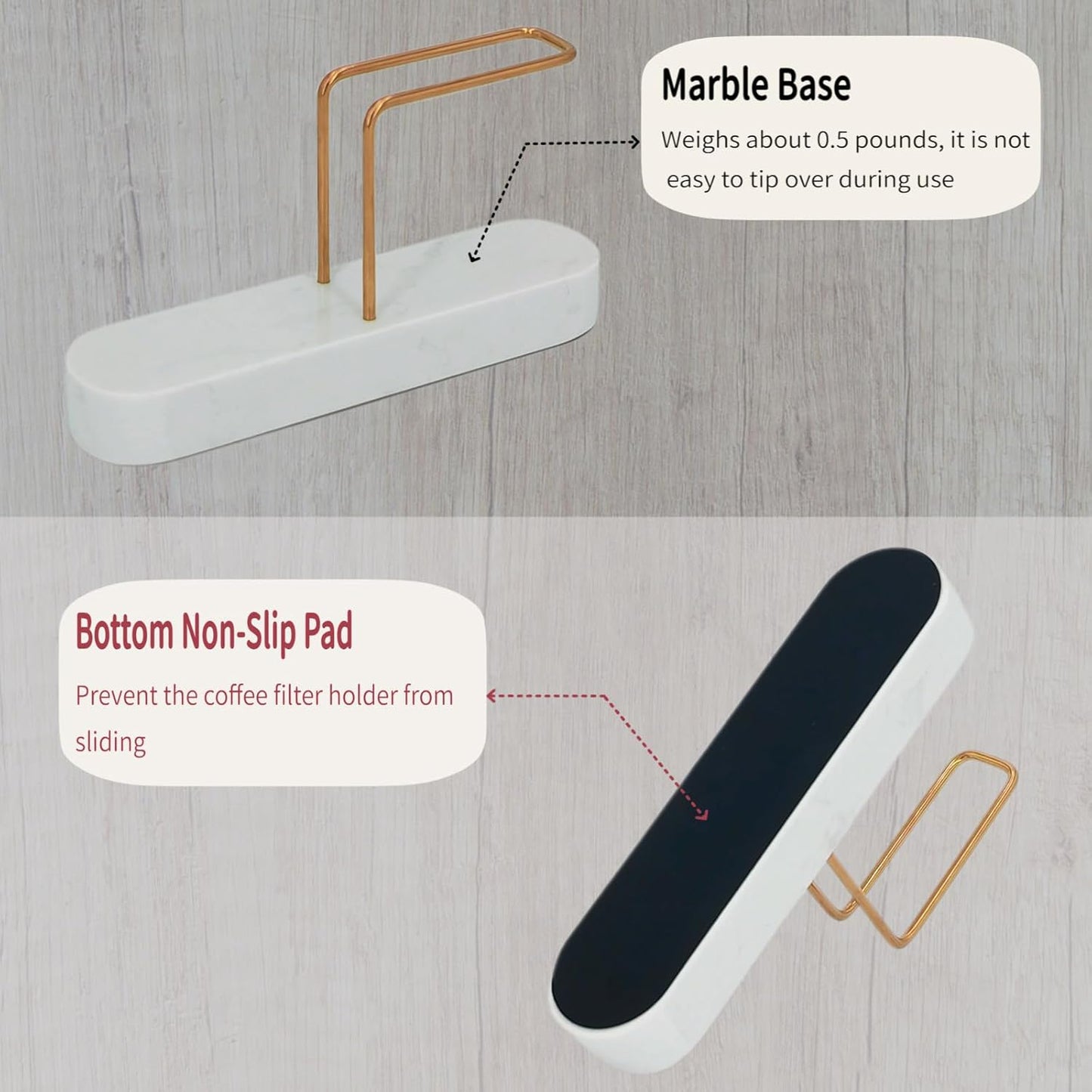 Cone Coffee Filter Holder for Counter, Coffee Filter Storage Container for Cone Paper Filters Size #01 ＆ #02, Marble Base with Non-Slip Pad (White)