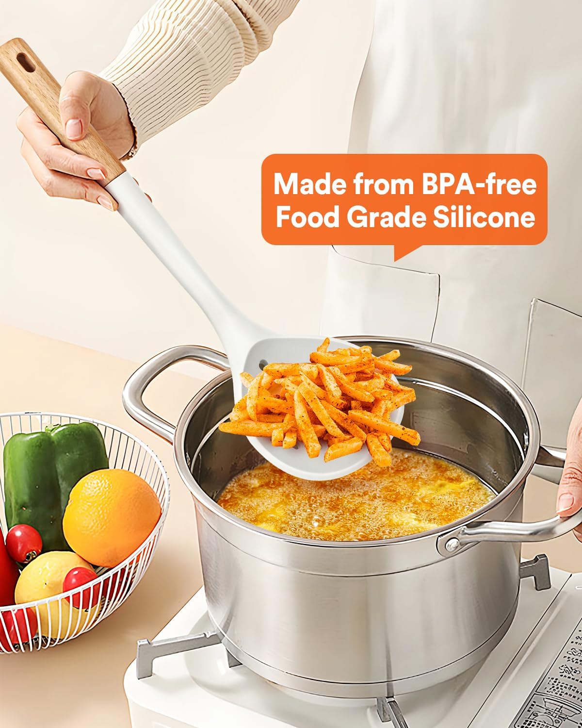 Kitchen Ladle Strainer, Large Slotted Spoon with High Heat Resistant BPA Free, Non Stick Cooking Skimmers For Draining & Frying, 13.2inch (Black & White)