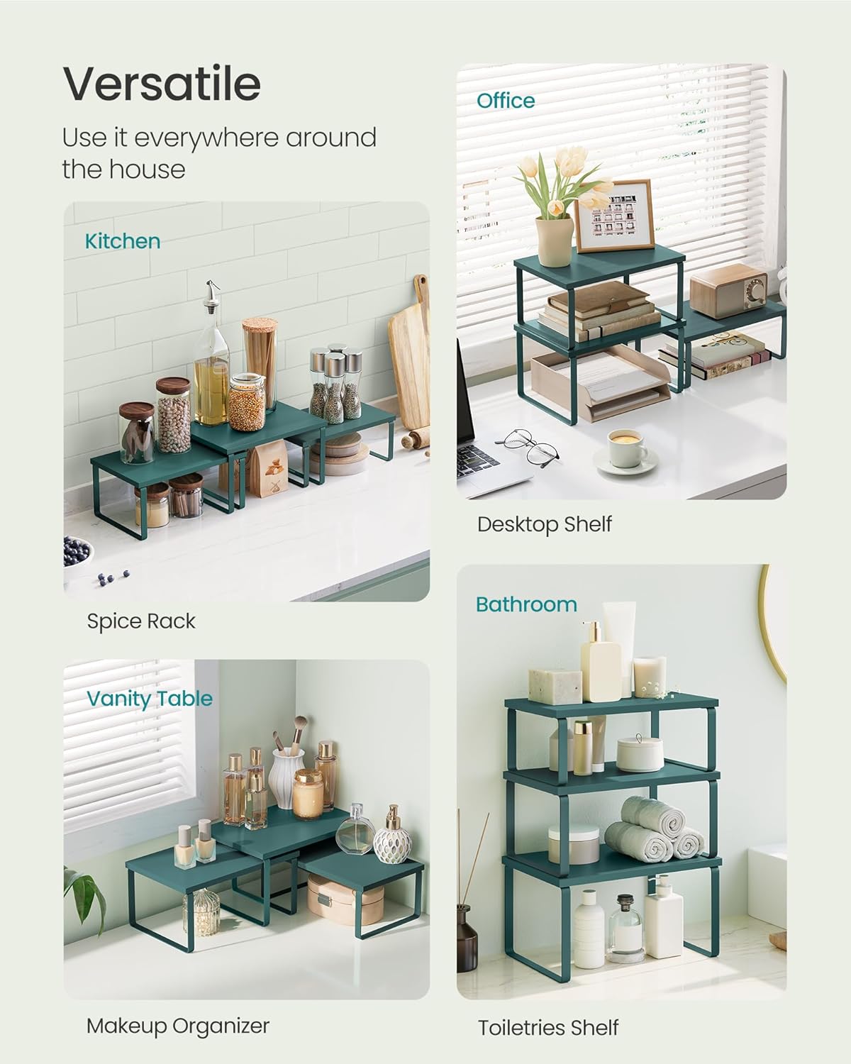 SONGMICS Cabinet Organizer Shelf, Set of 3 Kitchen Counter Shelves, Kitchen Storage, Spice Rack, Stackable, Expandable, Cascade Green UKCS220C01V1