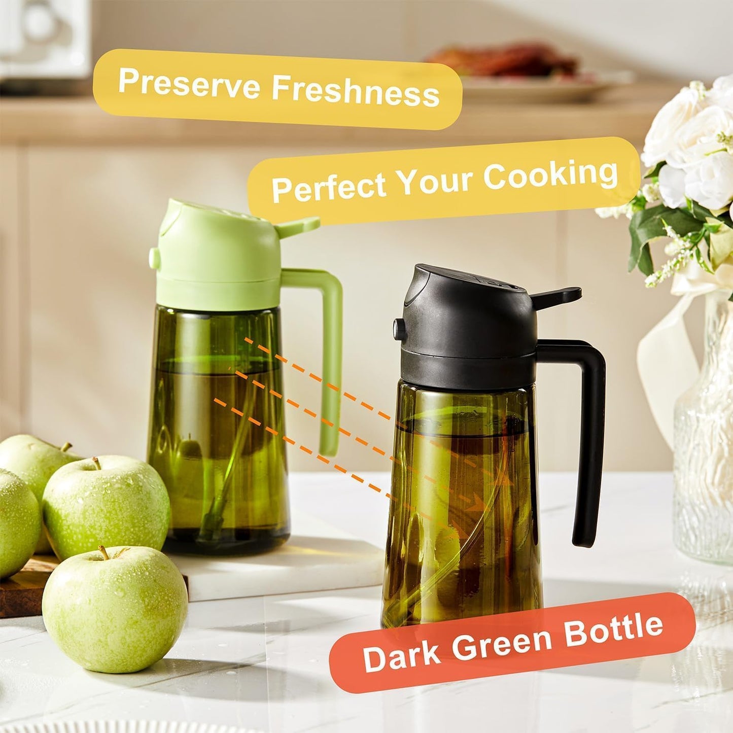 CXINYI - 16oz/470ml Olive Oil Dispenser for Kitchen with Stickers - 2 in 1 Olive Oil Sprayer for Cooking, Air Fryer, and Salad, Purple (Light-Proof Kitchen Gadget)