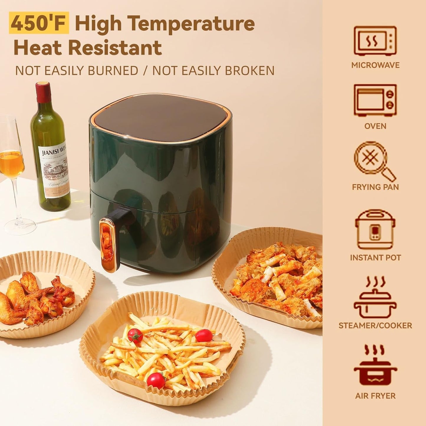 125Pcs 9 inch Round Disposable Air Fryer Parchment Liners-Non-Stick Parchment Sheets for Air Fryer Basket Microwave – Oil-proof, Water-proof, Effortless Cleanup for Baking