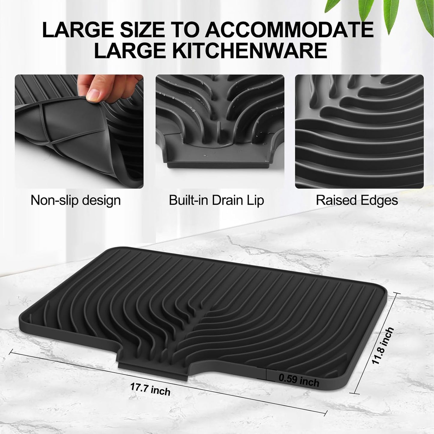 Silicone Dish Drying Mat for Kitchen Counter with Built-in Drain, Easy Clean Pad for Countertop Protection, Fast Self-Draining Slope, Non-Slip, Multiple Use 17.7 x 11.8 Inch (Black)