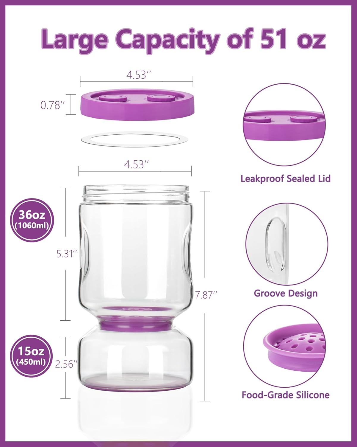 ZENS Pickle Jar with Strainer Flip, 2 Pack 51oz Pickle Container for Olive Juice Separator, Anti-Slip Leakproof Glass Hourglass Jars for Storage Pickles, Jalapeno, Gifts for Mom