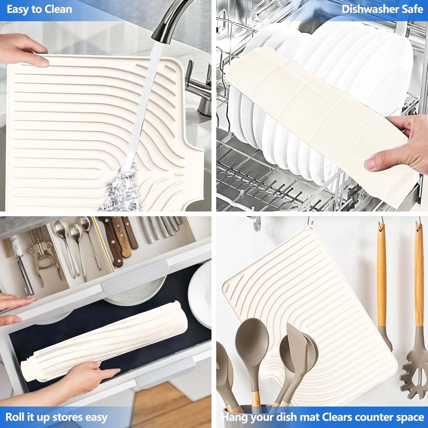 Silicone Dish Drying Mat for Kitchen Counter with Built-in Drain, Easy Clean Pad for Countertop Protection, Fast Self-Draining Slope, Non-Slip, Multiple Use 17.7 x 11.8 Inch ( Cassava White)