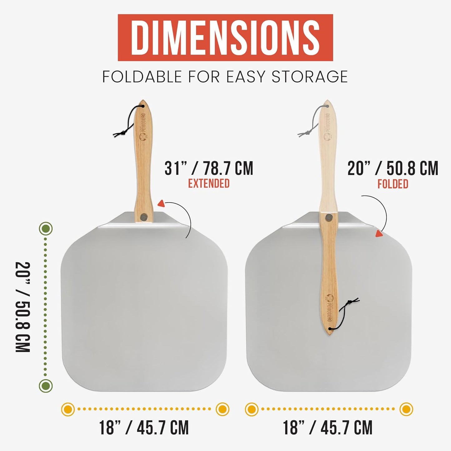 Chef Pomodoro Aluminum Metal Pizza Peel with Foldable Wood Handle for Easy Storage, Pizza Spatula, Gourmet Luxury Pizza Paddle for Baking Homemade Pizza Bread (18 x 20 inch)