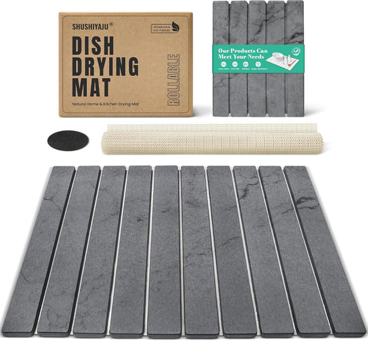 Stone Dish Drying Mat Collapsible Diatomaceous Earth Absorbent Mat Quick Dish Drying Pad Dish Rack Pad Match Any Counterto Multiple Usage for Kitchen,Bathroom (Dark-Gray Marble Pattern, 24"L x 16"W)