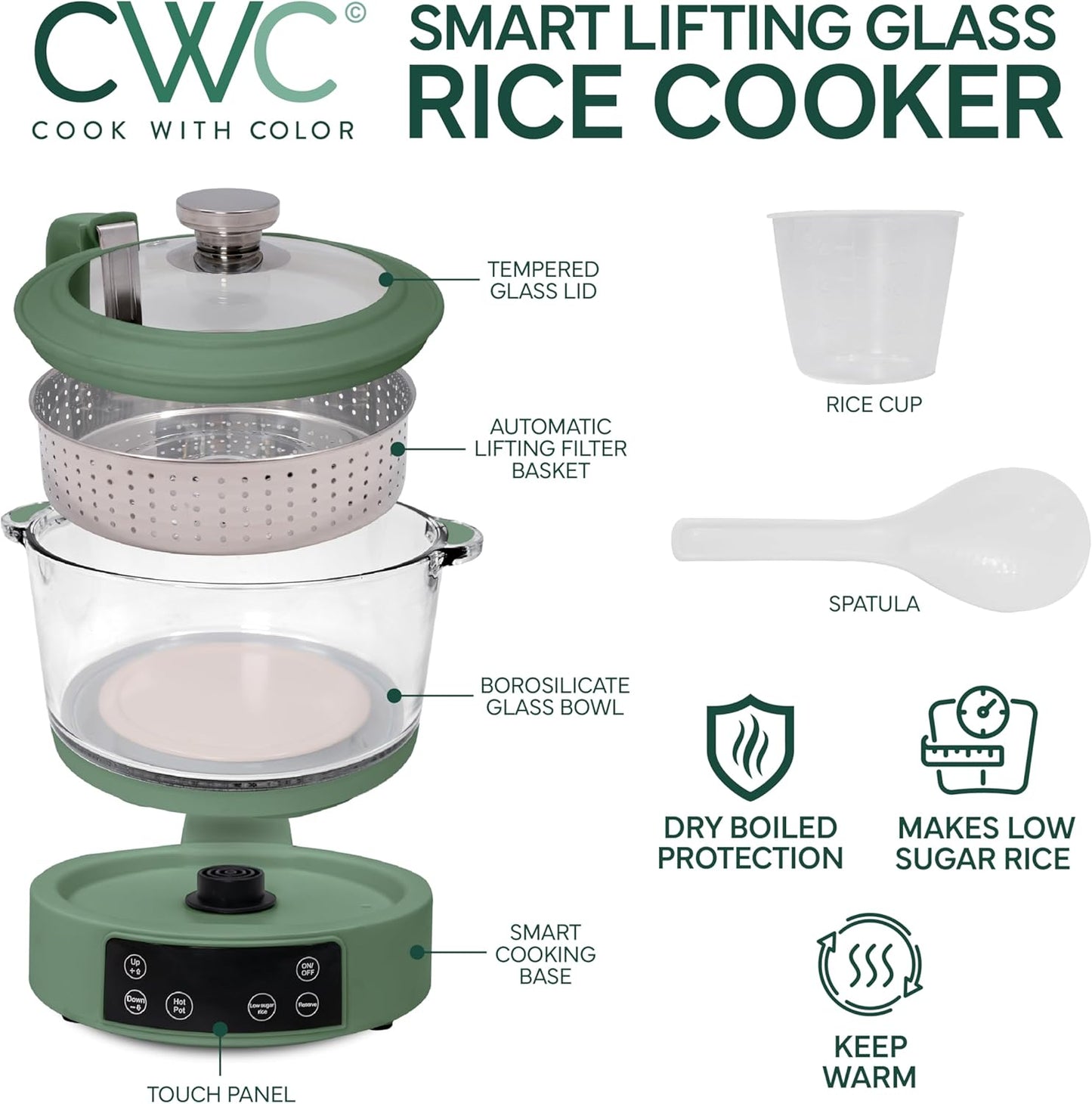 COOK WITH COLOR 3L Glass Low Carb Rice Cooker - Makes 6 Cups Low Sugar Rice with Auto Lift Filter Basket, Hotpot & Steamer for Rice, Grains and Oats, Digital Panel with Keep Warm Function, Dark Sage