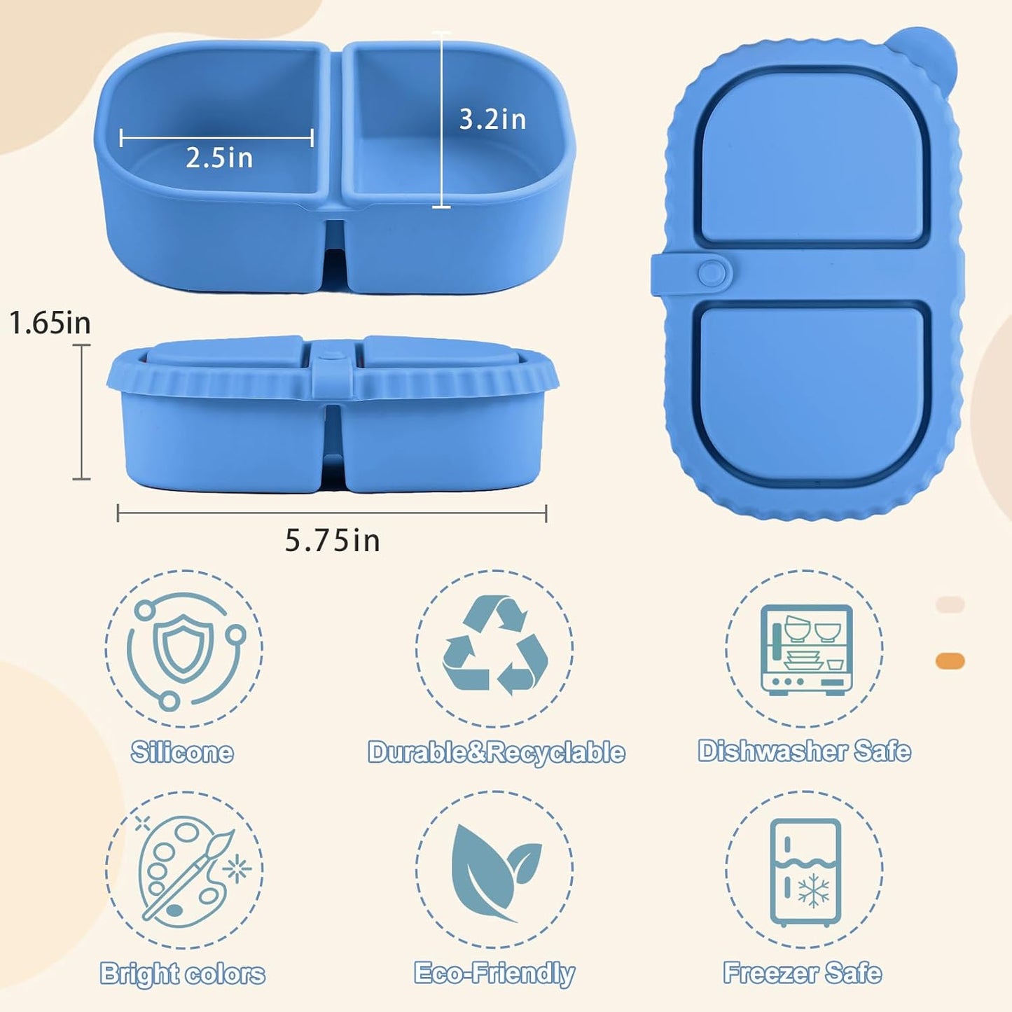 2/3/4Pack 8 oz Reusable Silicone Snack Containers with Lids, Mini Containers 2 Compartments Snackle Box for Kids & Adults, Portable Silicone Food Storage Box for Picnic, School, Office (8oz-2C-3Pcs)