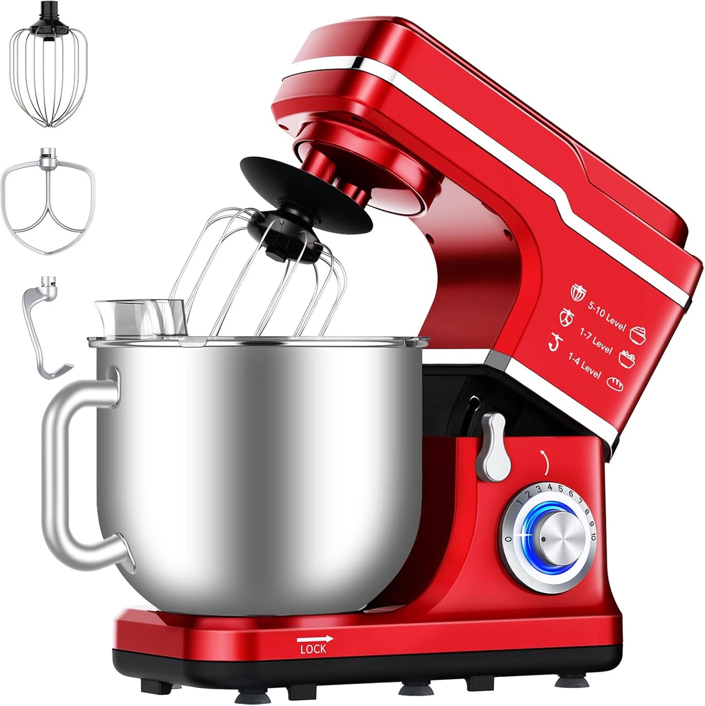 Garvee 7.5QT Stand Food Mixer, 10-Speed Tilt Head 3-IN-1 Kitchen Electric Mixer with Stainless Steel Bowl, Egg Whisk, Dough Hook, Beater, Splash Guard, Compact Dough Mixer for Home Cooks, Red