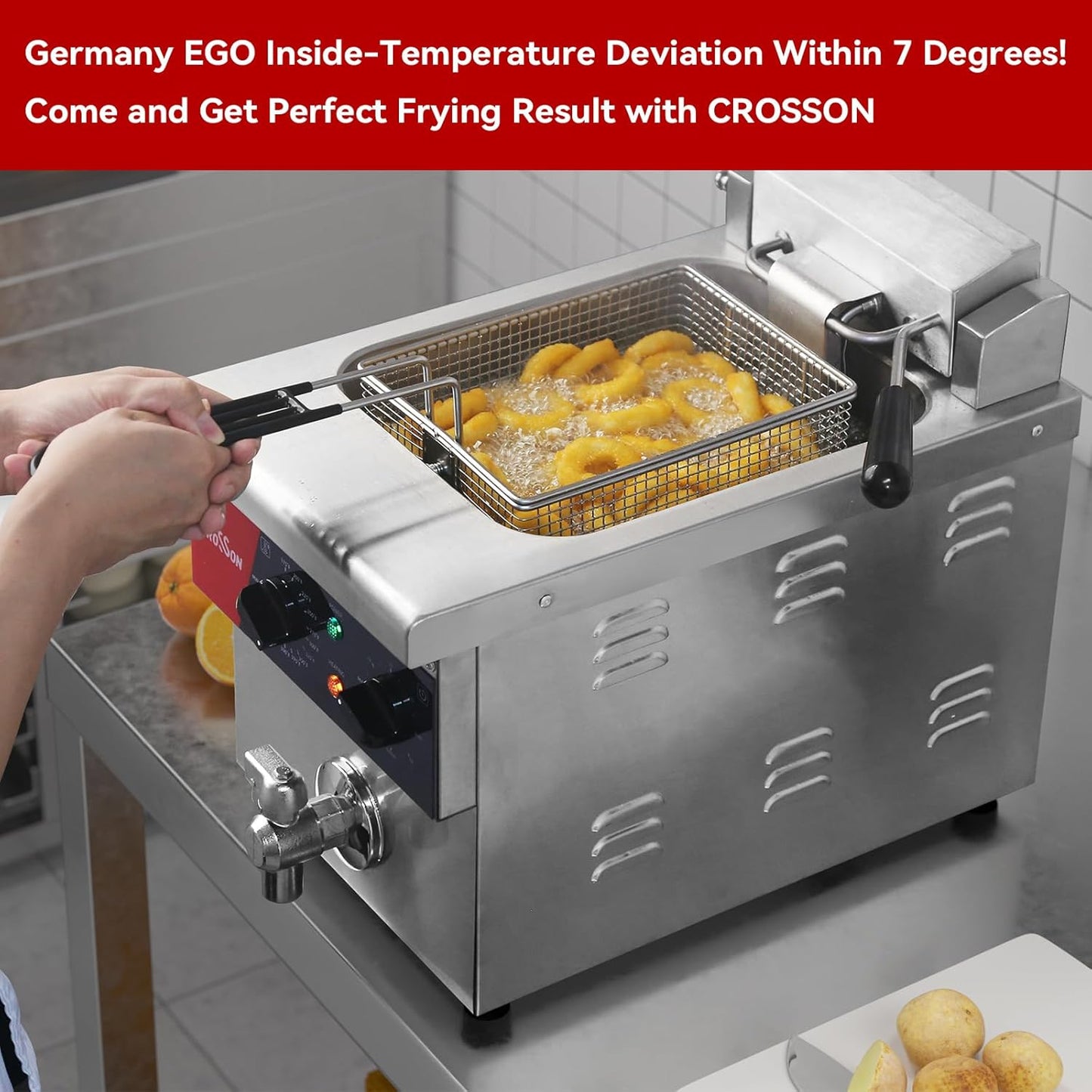 CROSSON 8L Countertop Electric Deep Fryer with Draining Valve,Solid Basket and Lid for Restaurant Use 120V,1800W Stainless Steel Commercial Deep Fryer